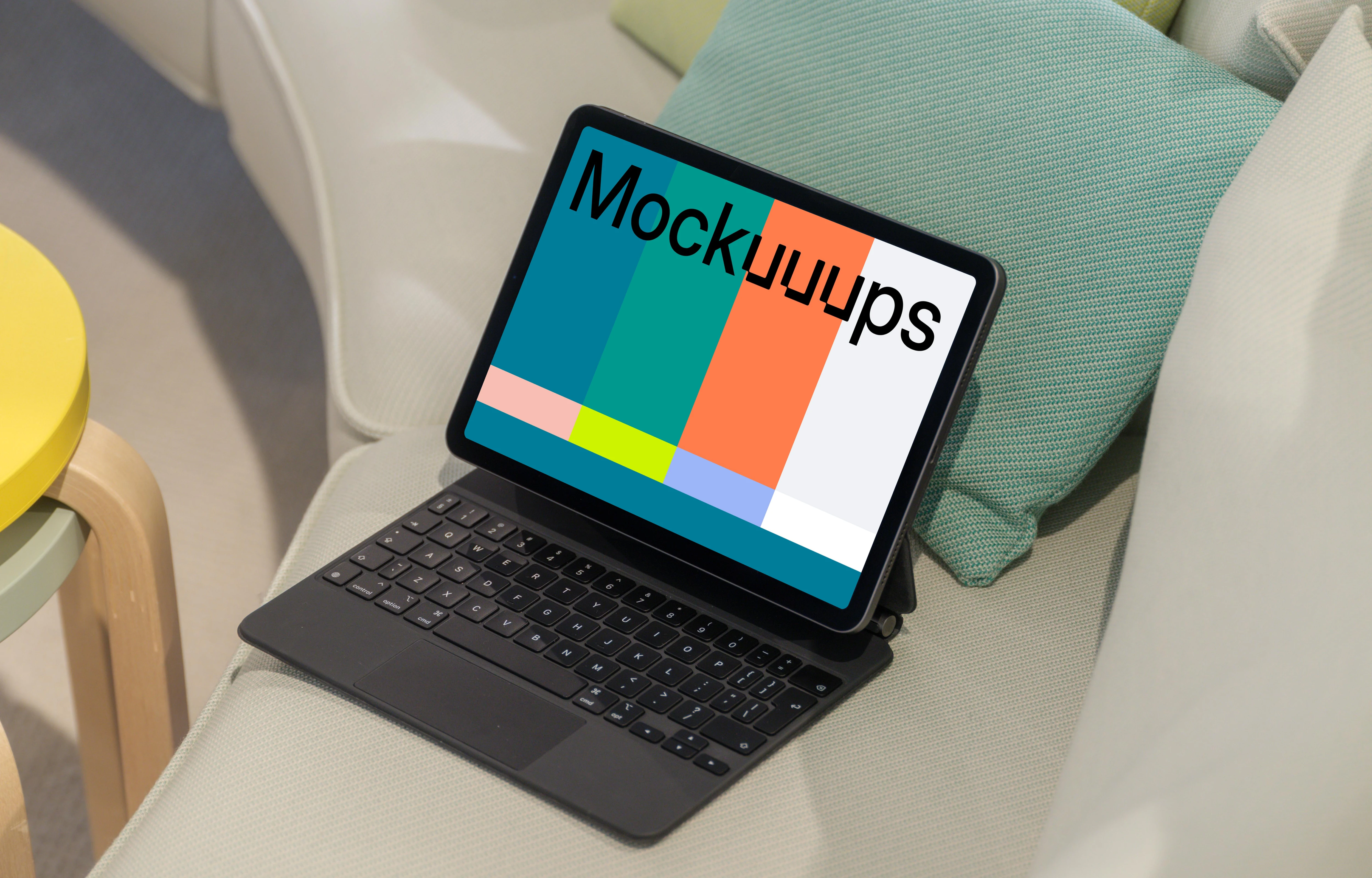 iPad Air mockup on a cozy couch with colorful cushions