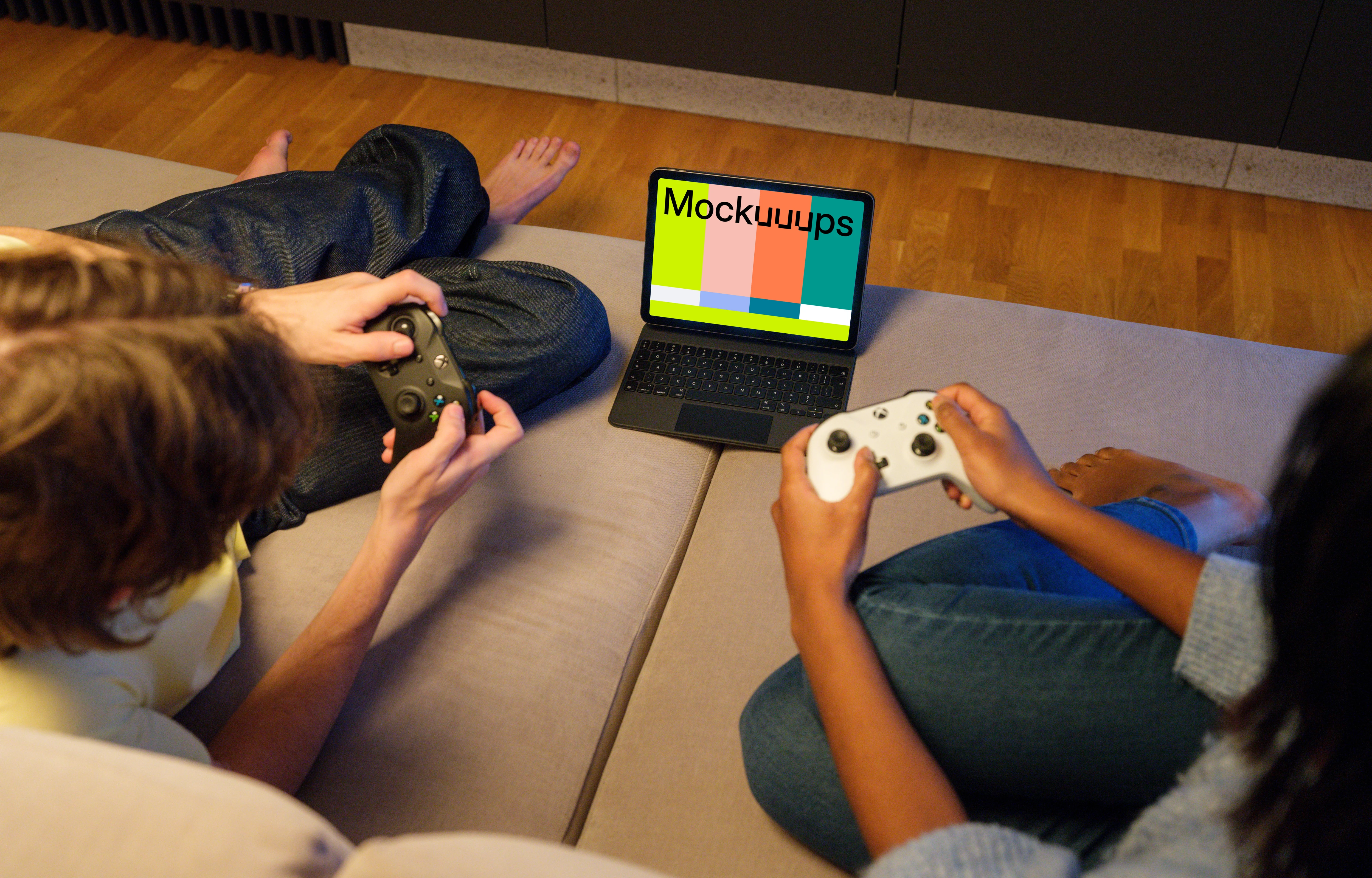 iPad Air Mockup on a Cozy Sofa during Gaming Session