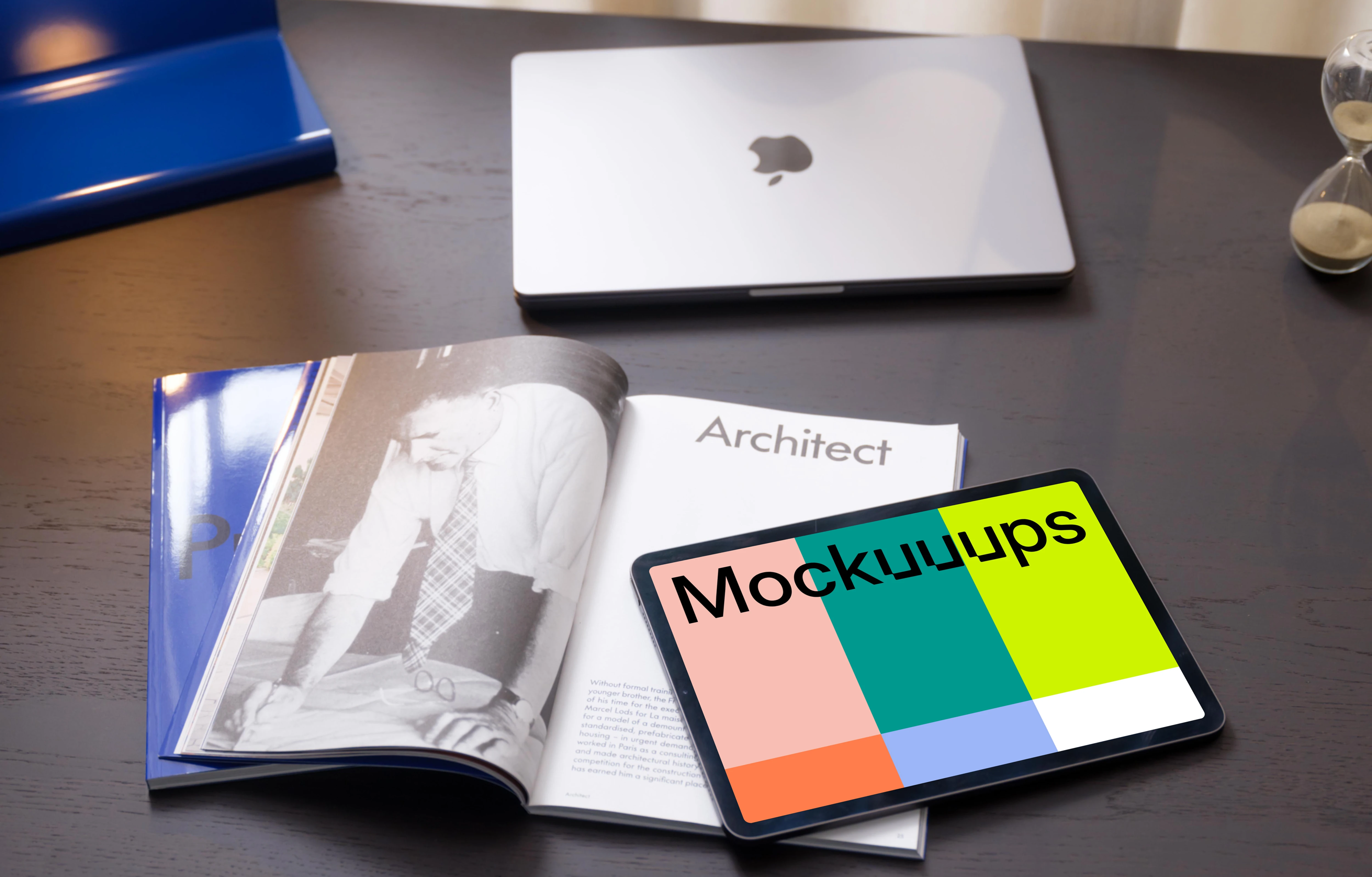 iPad Air mockup on a table with magazine