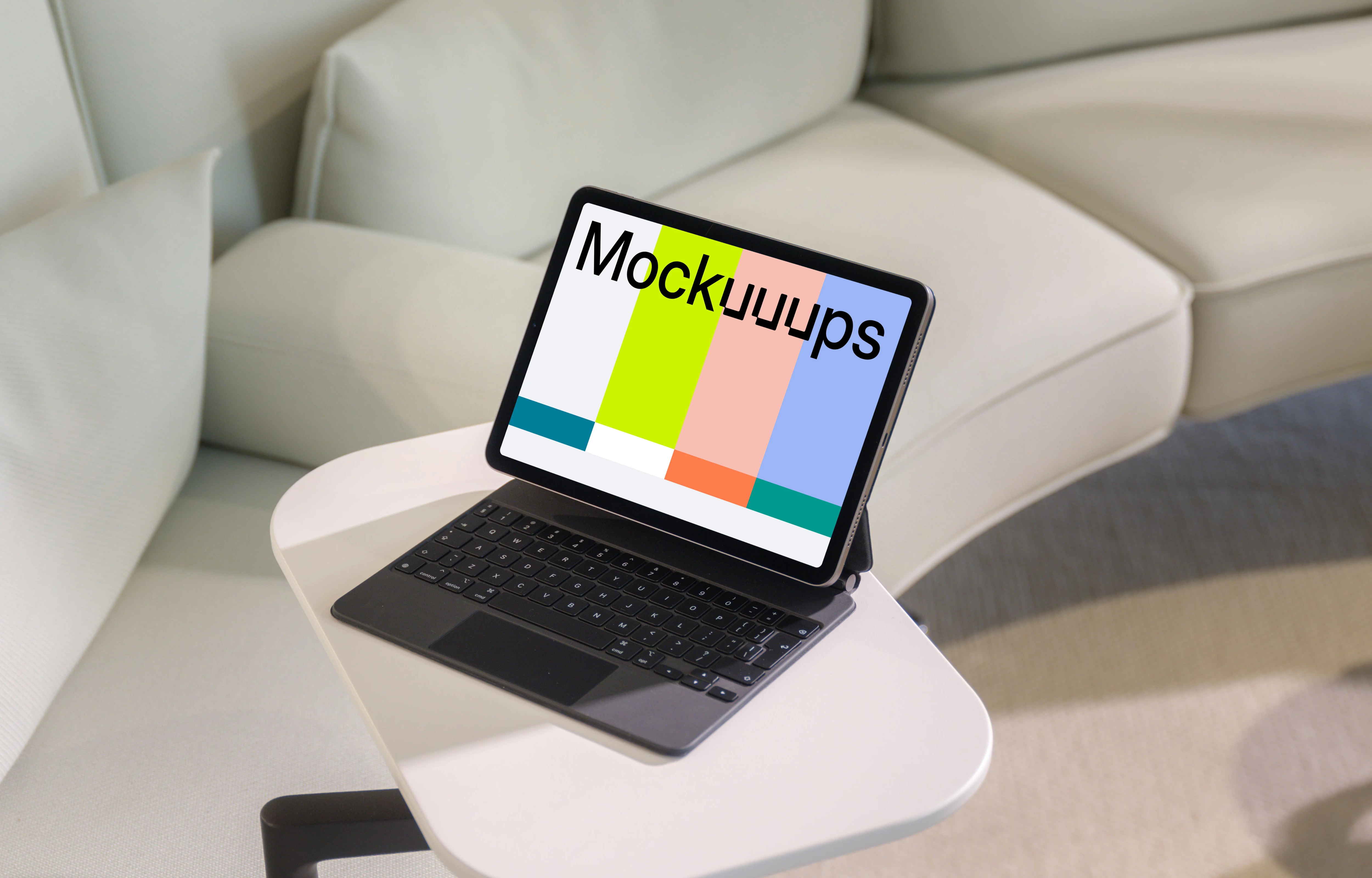 iPad Air mockup on modern living room side table