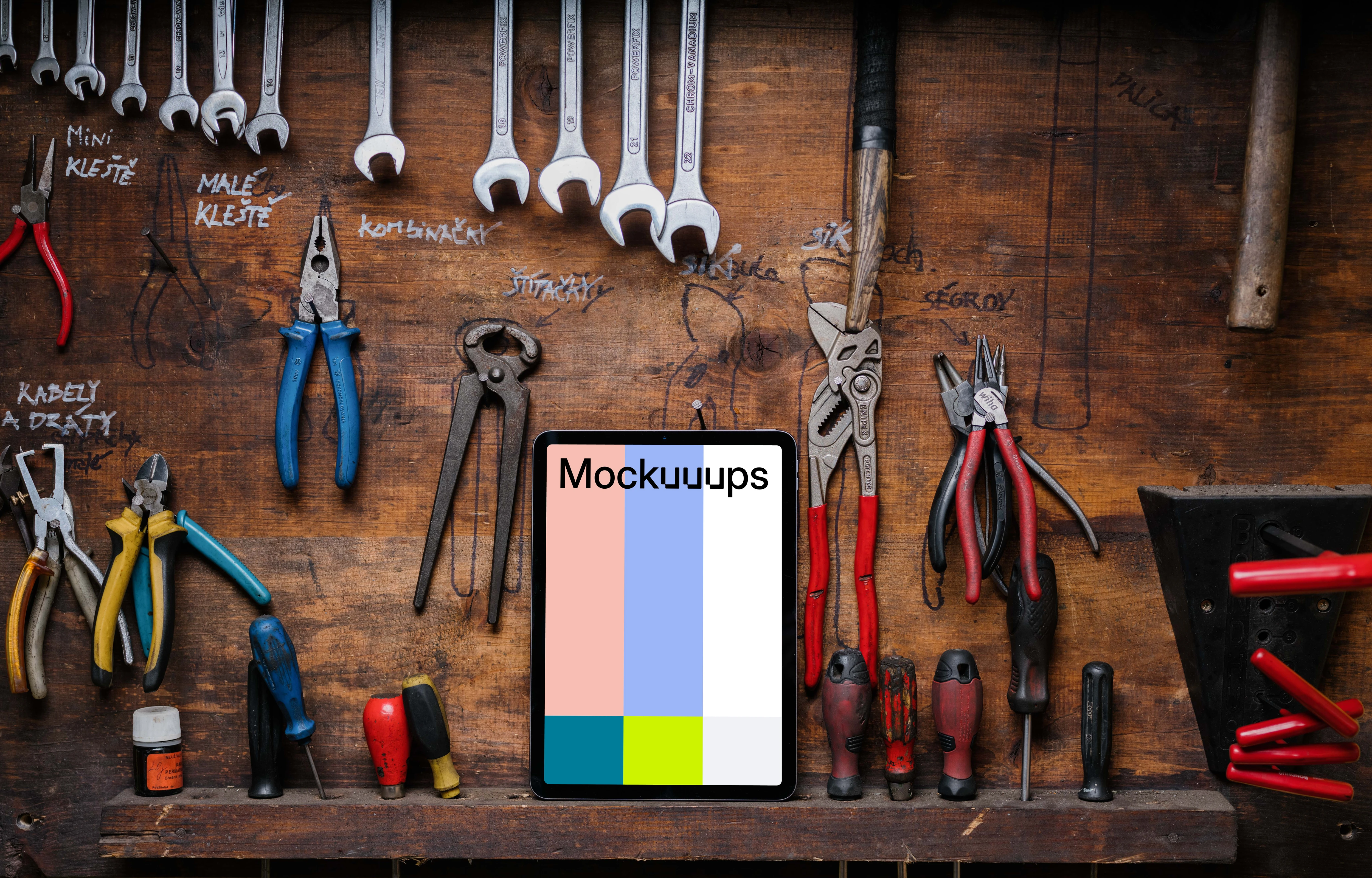 iPad Air mockup placed in a tool rack.