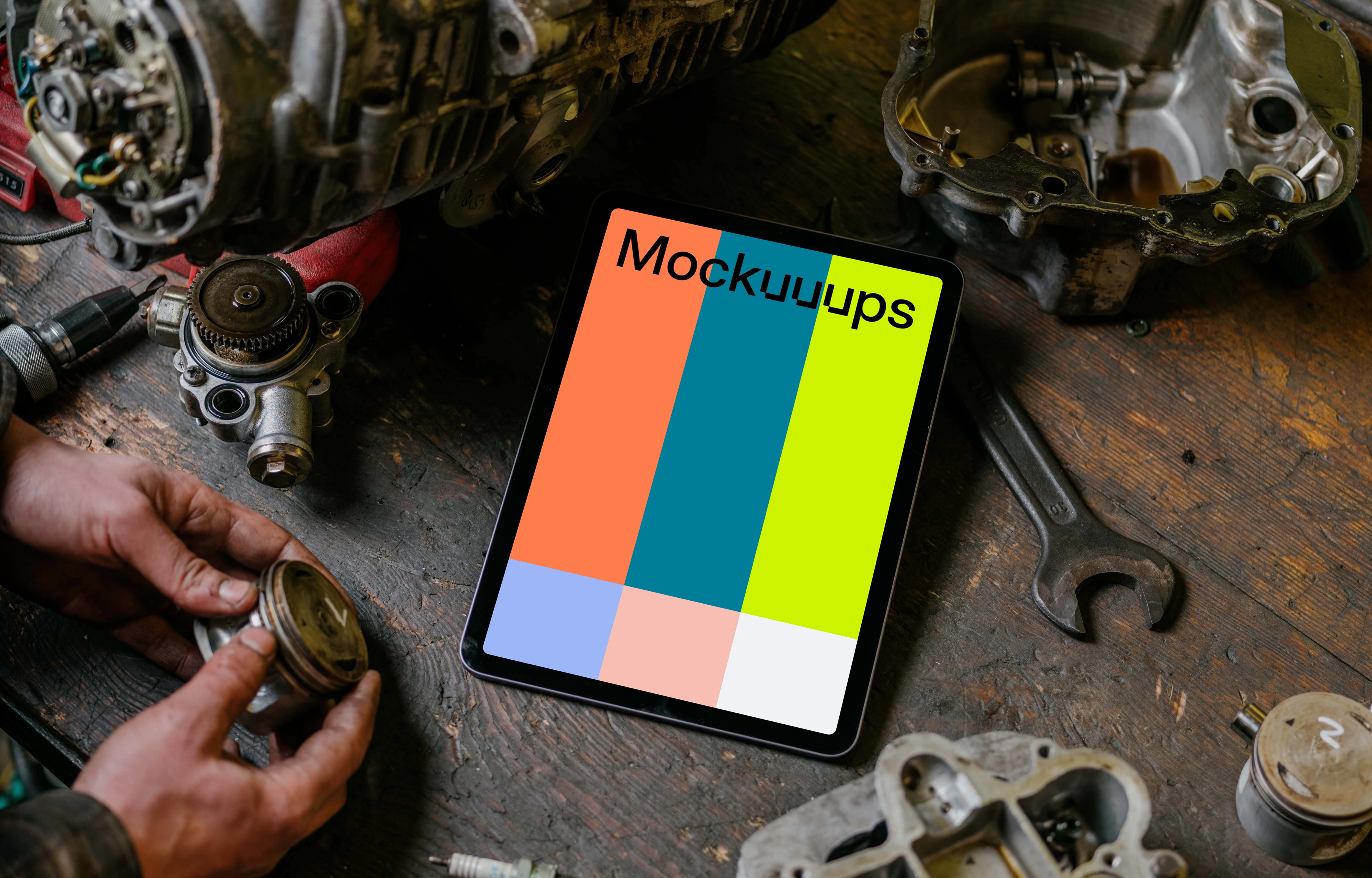 iPad Air mockup placed on a workbench