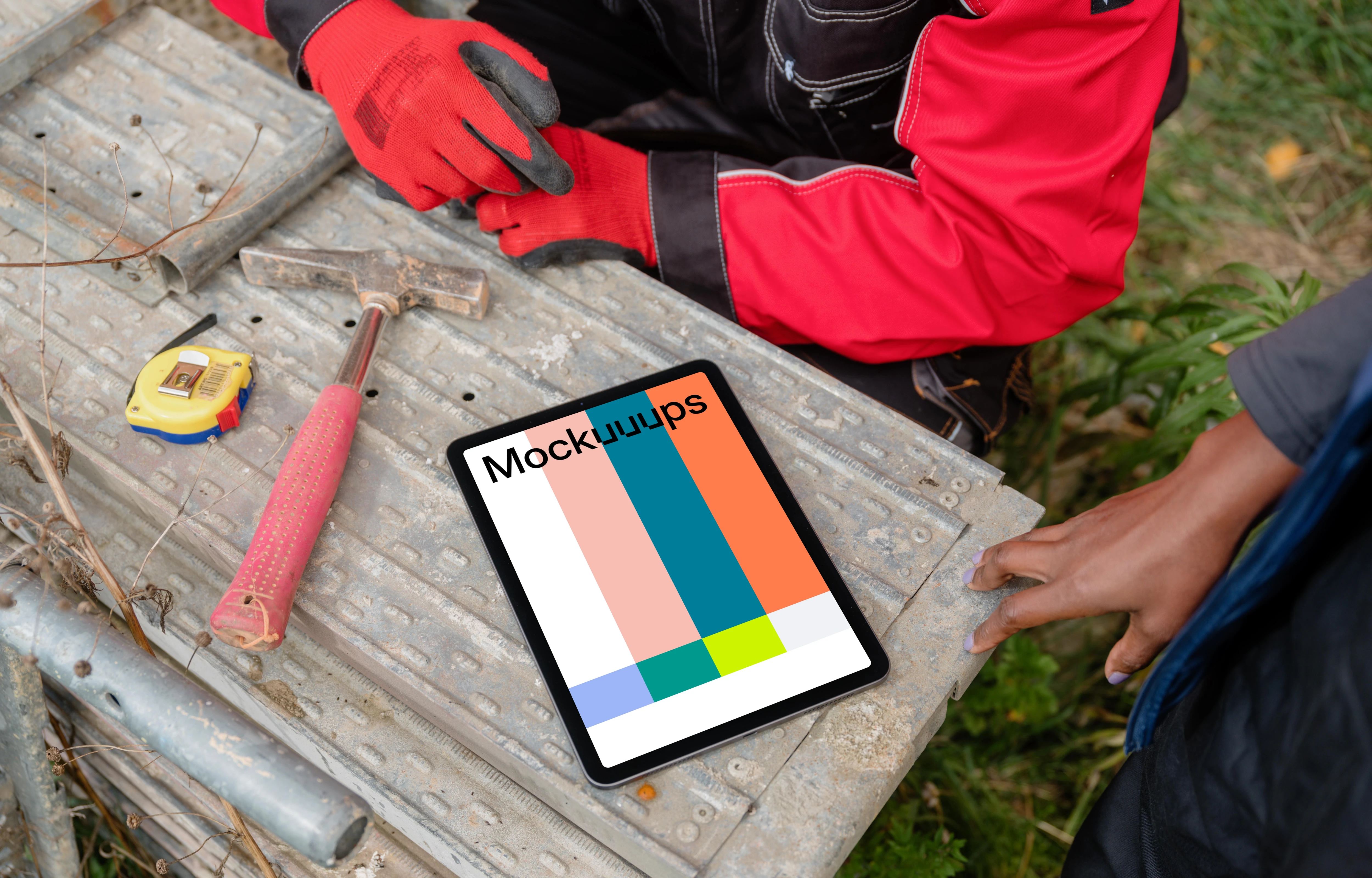 iPad mockup at construction work