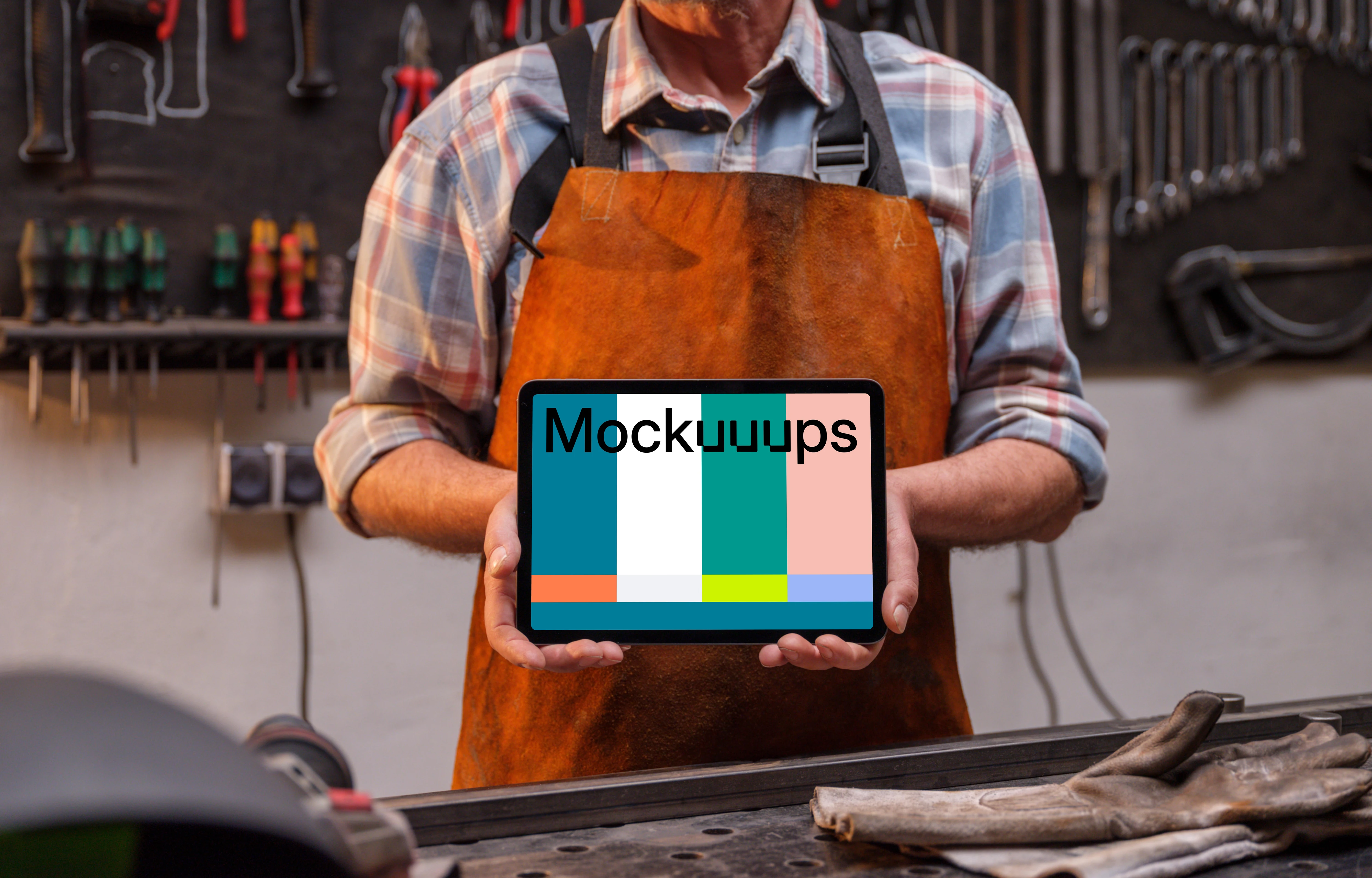 iPad mockup held by the leather crafter