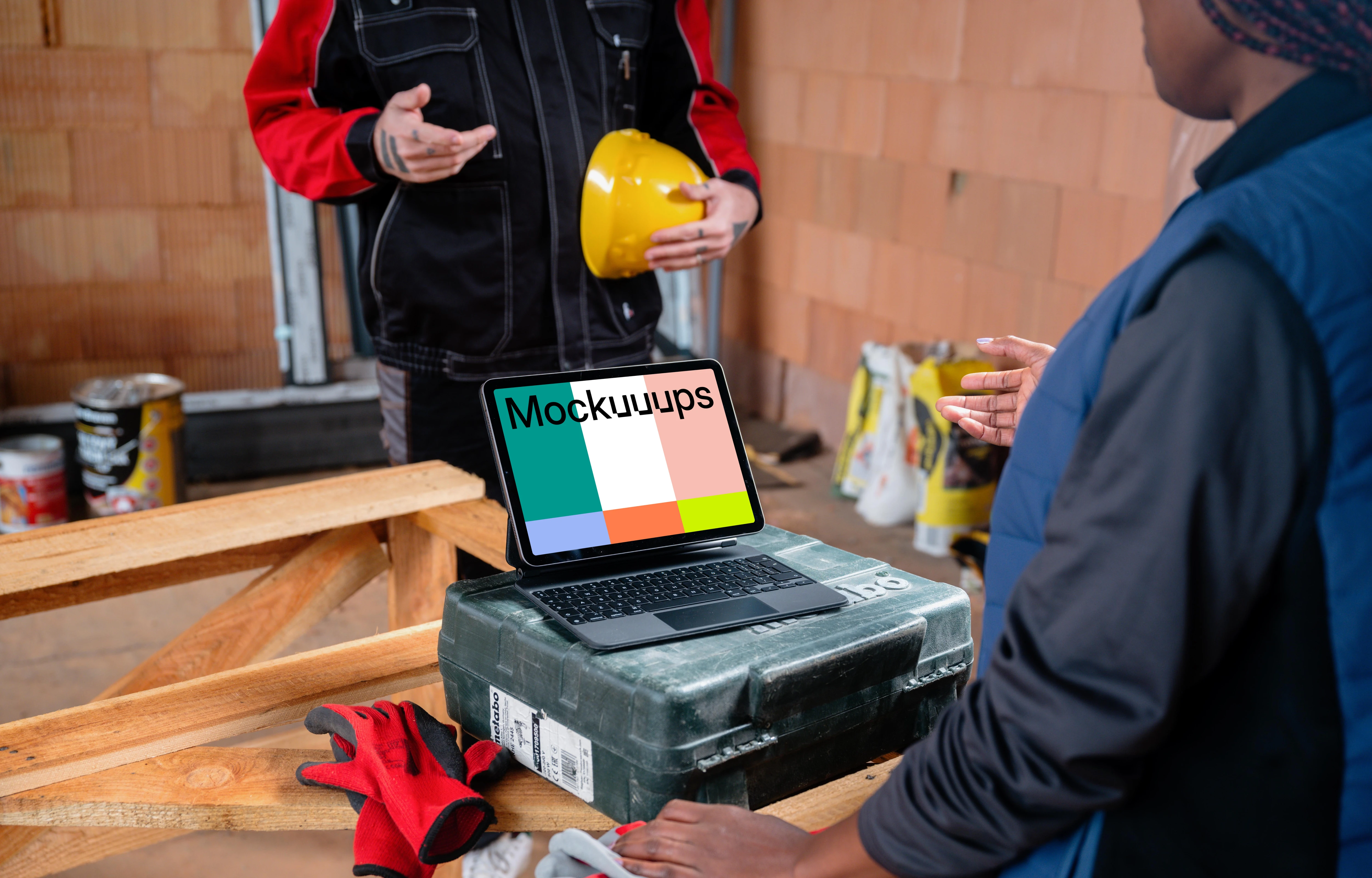 iPad mockup in the construction project ground