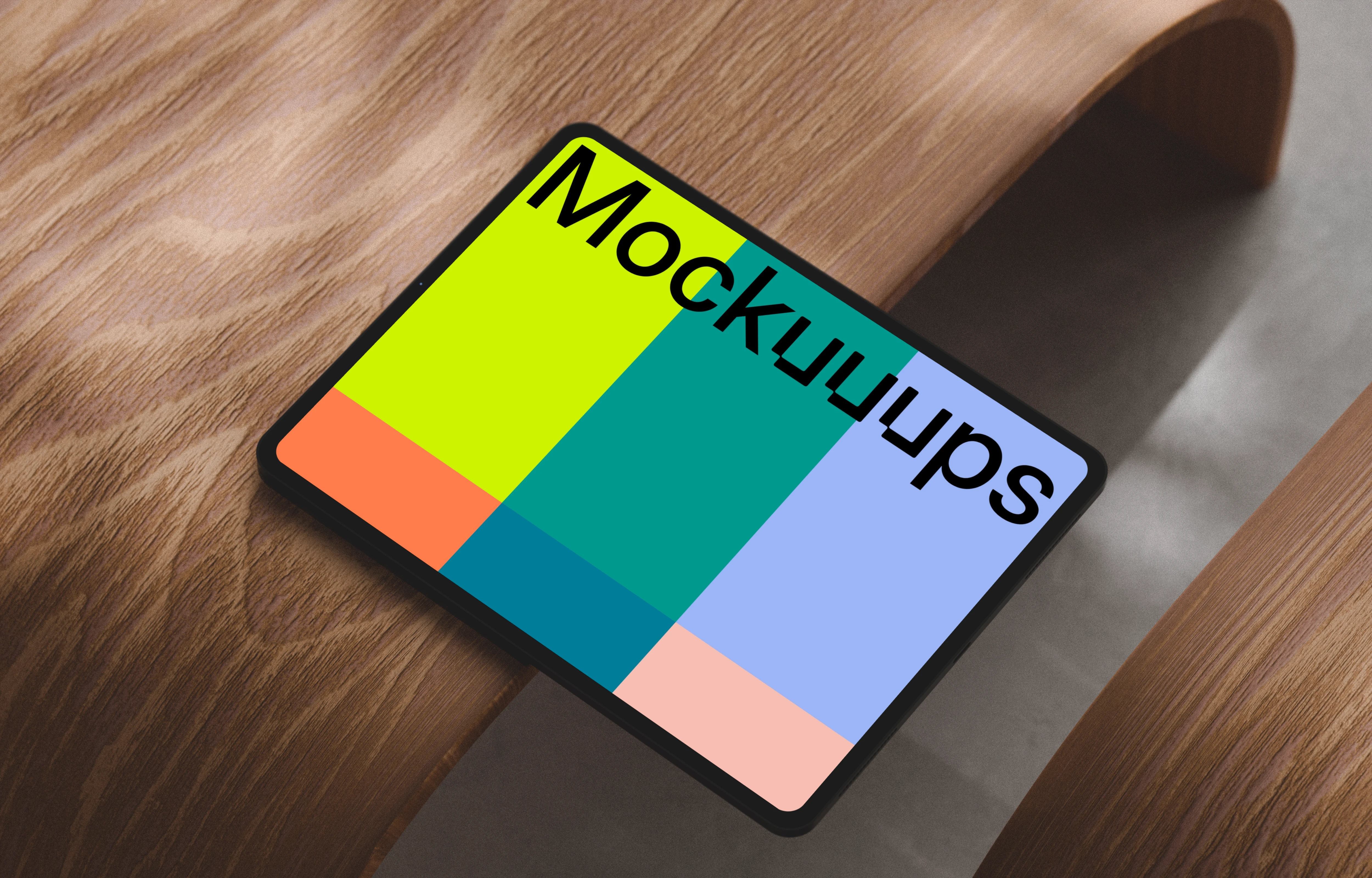 iPad Pro landscape mockup on curved wooden surface