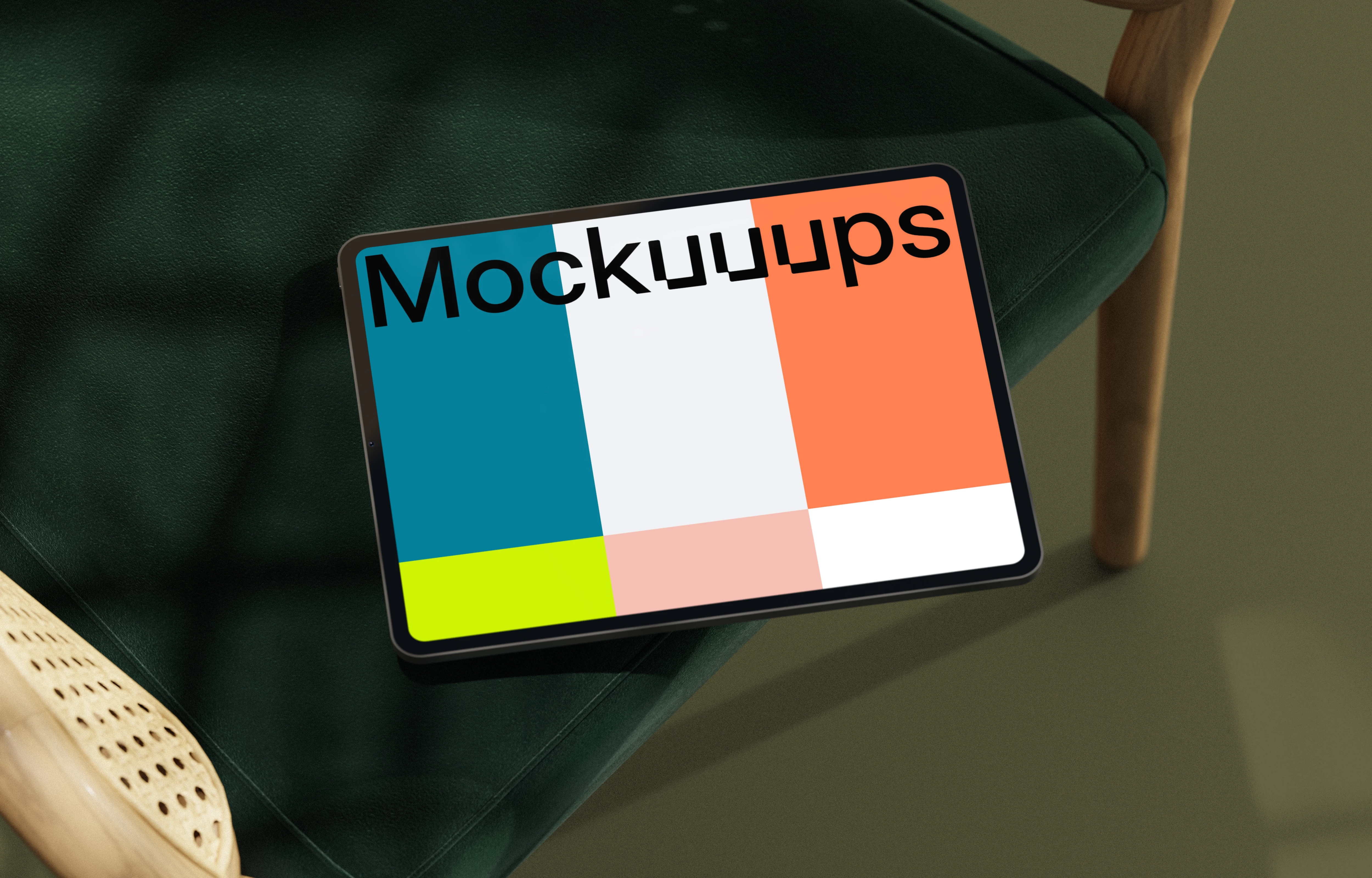 iPad Pro mockup on a green cushioned chair