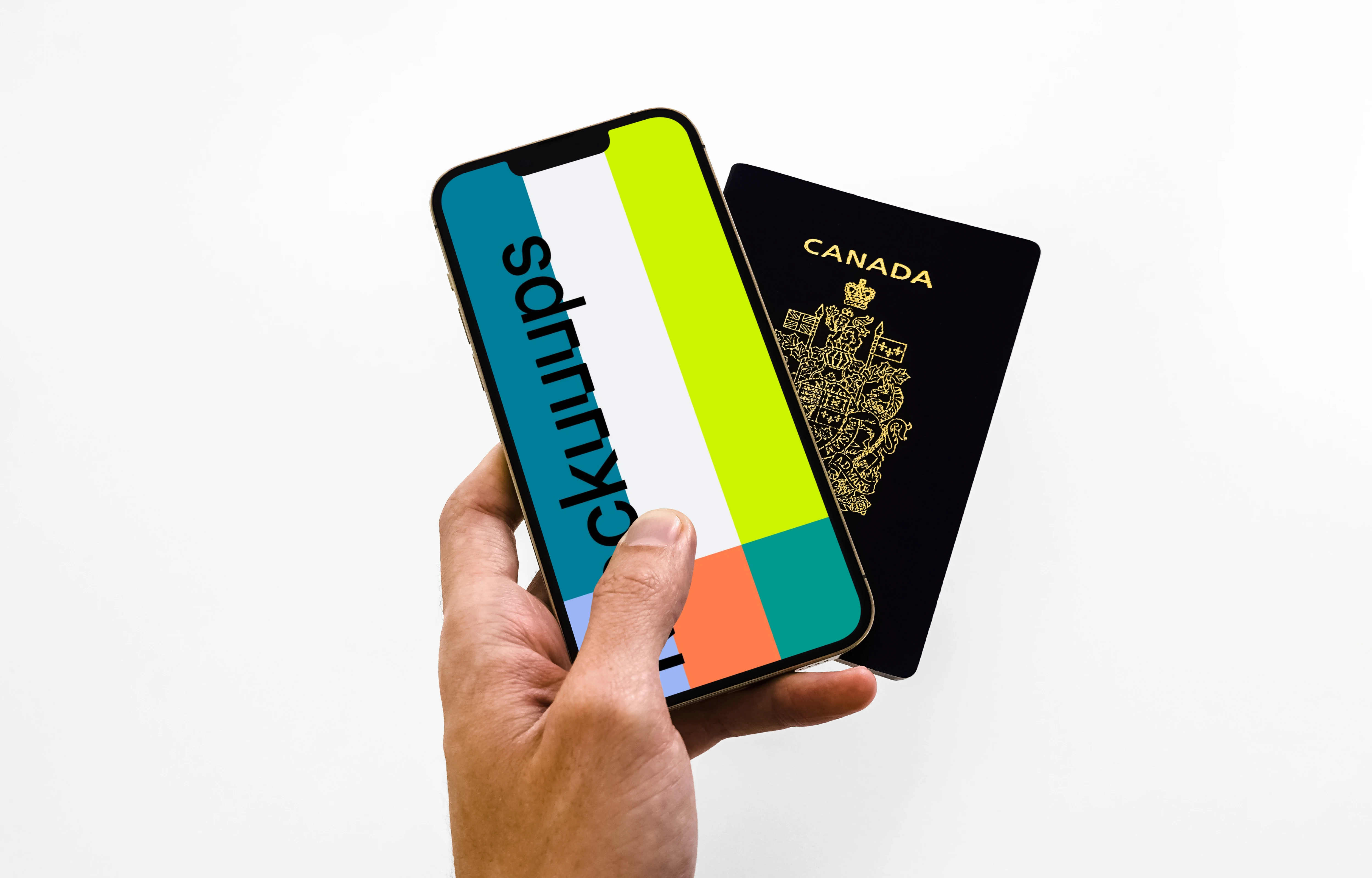 iPhone 13 mockup and passport held by user