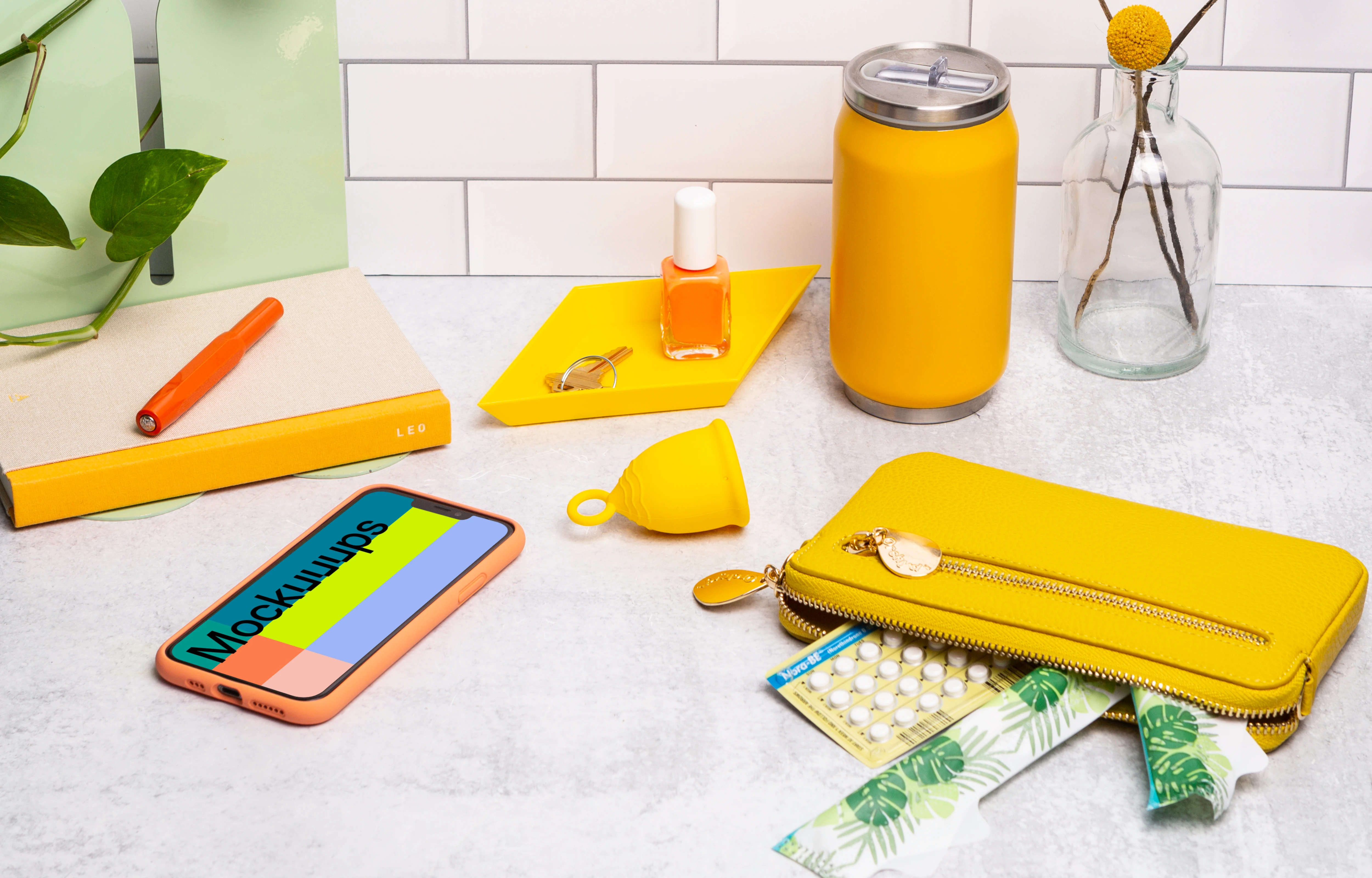 iPhone 13 mockup on a bathroom counter
