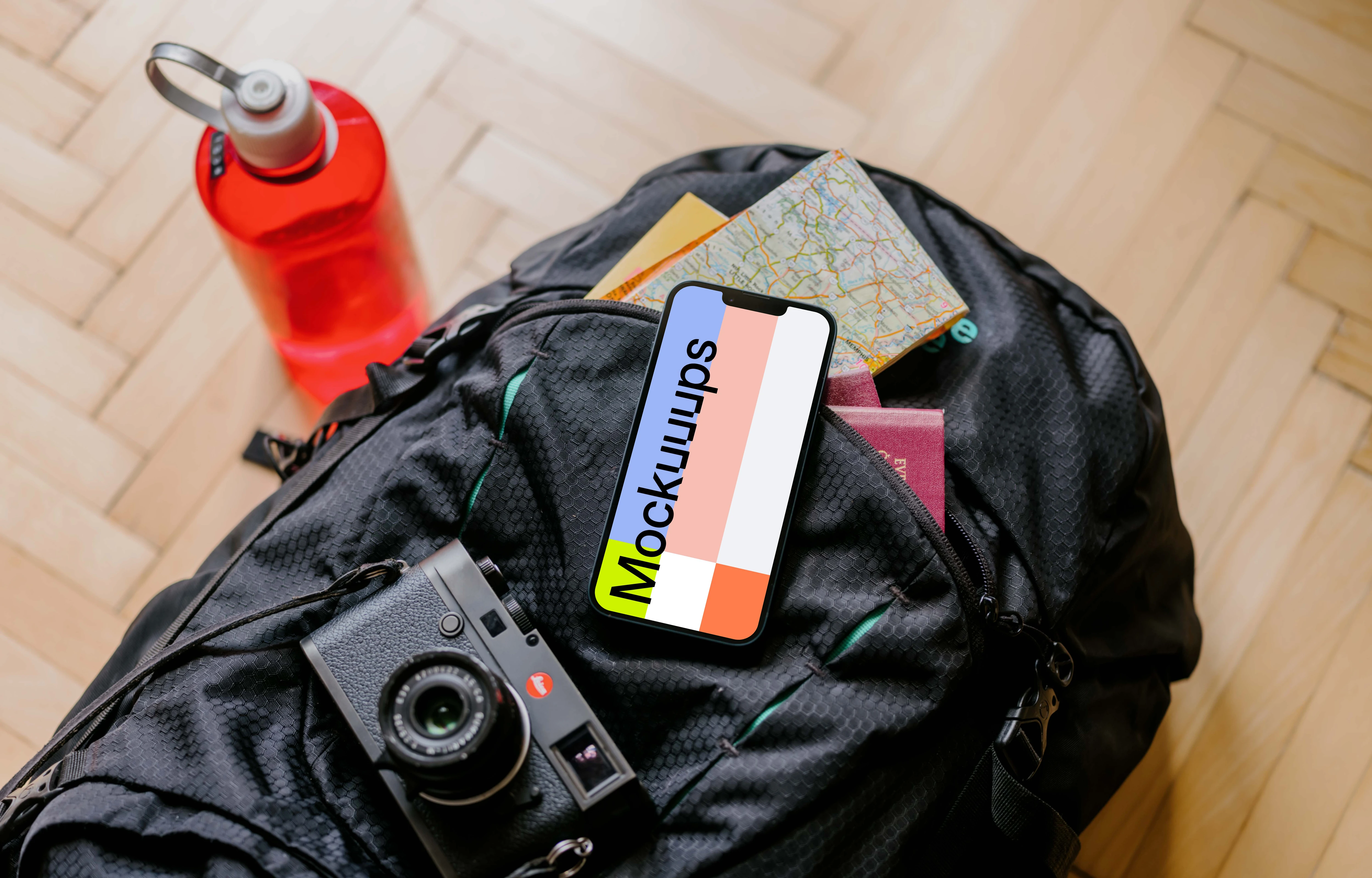 iPhone 13 mockup on backpack