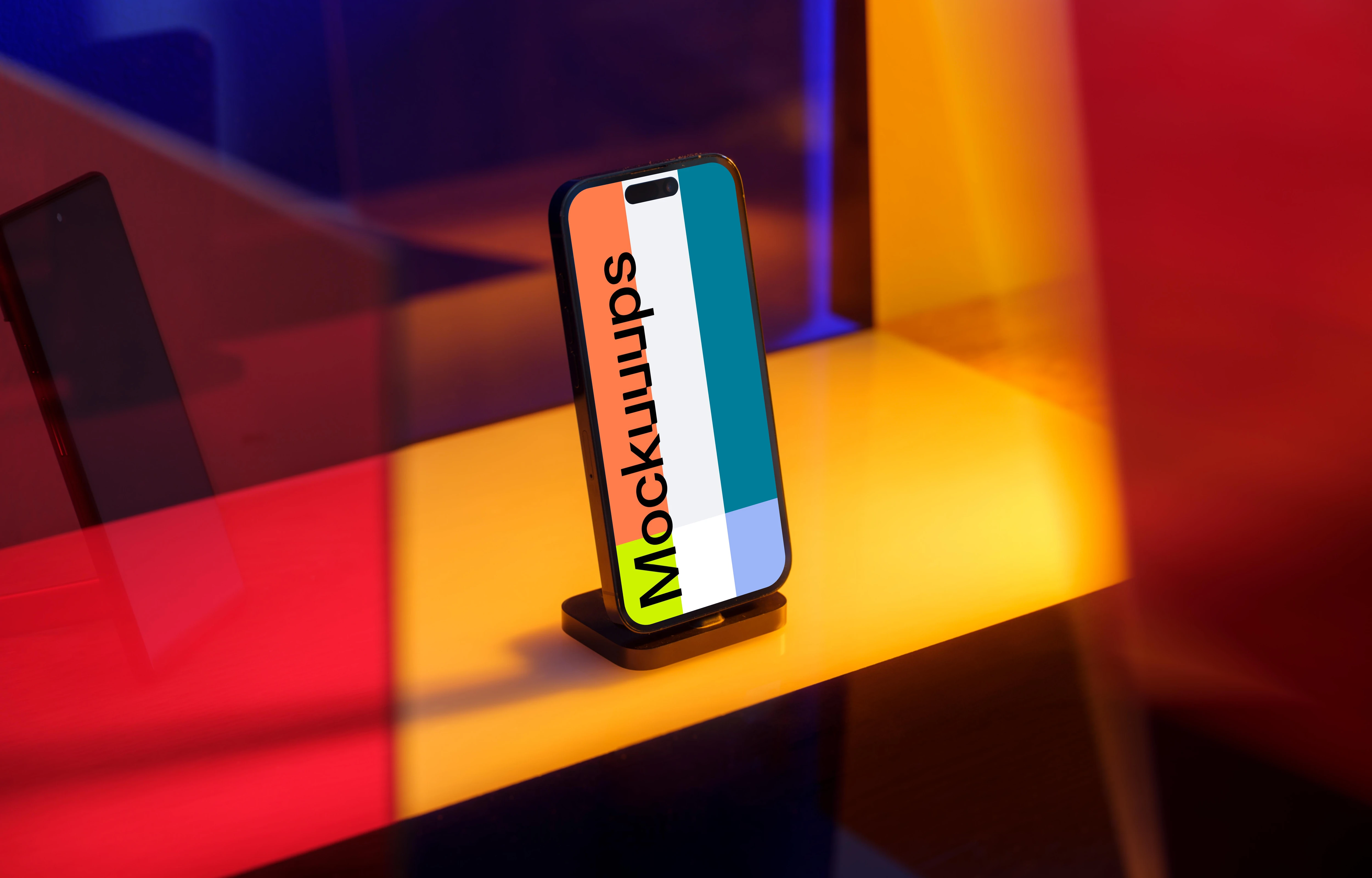 iPhone 14 Pro mockup standing on a yellow pad