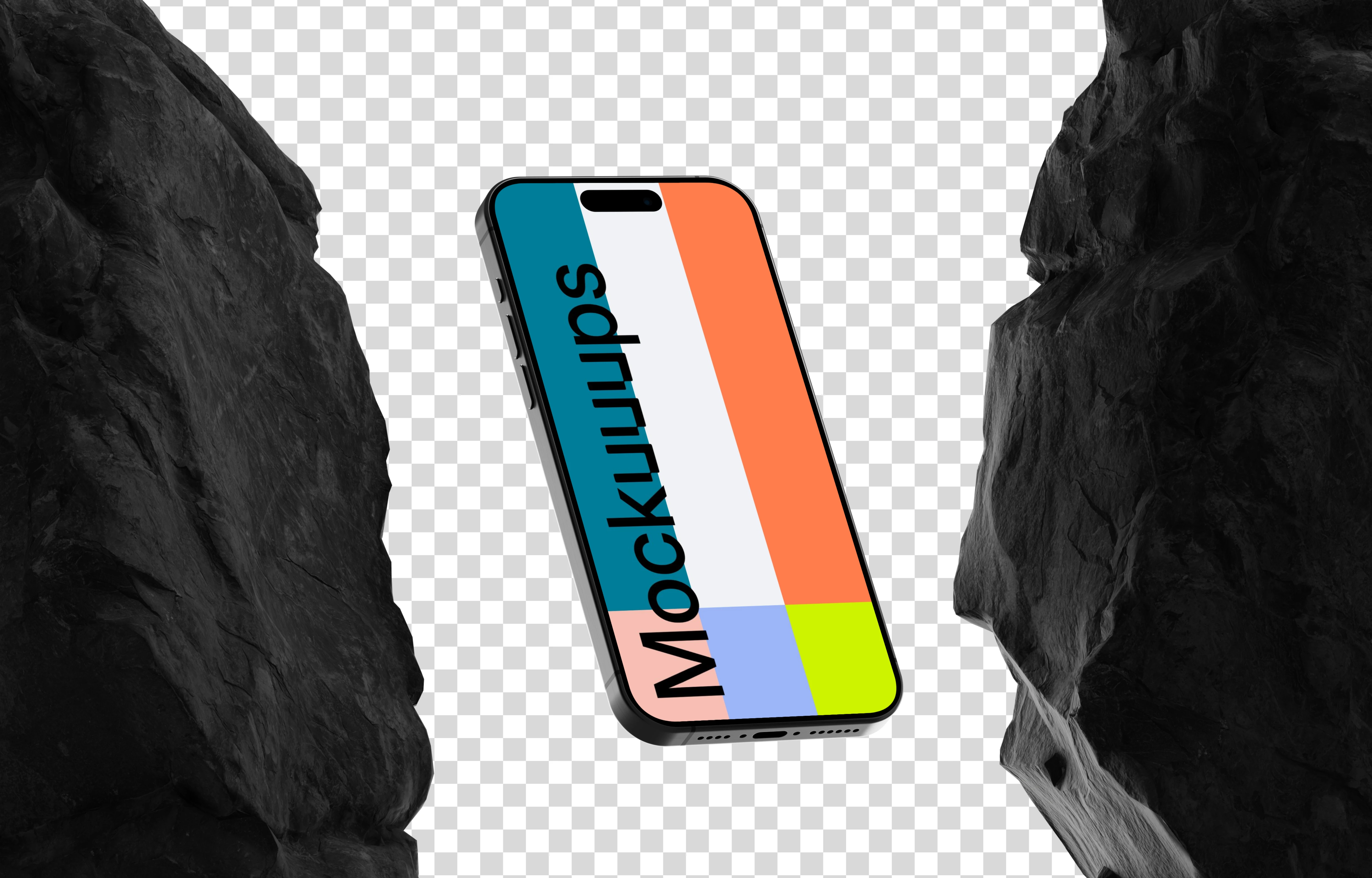 iPhone 15 Pro mockup between textured rocks