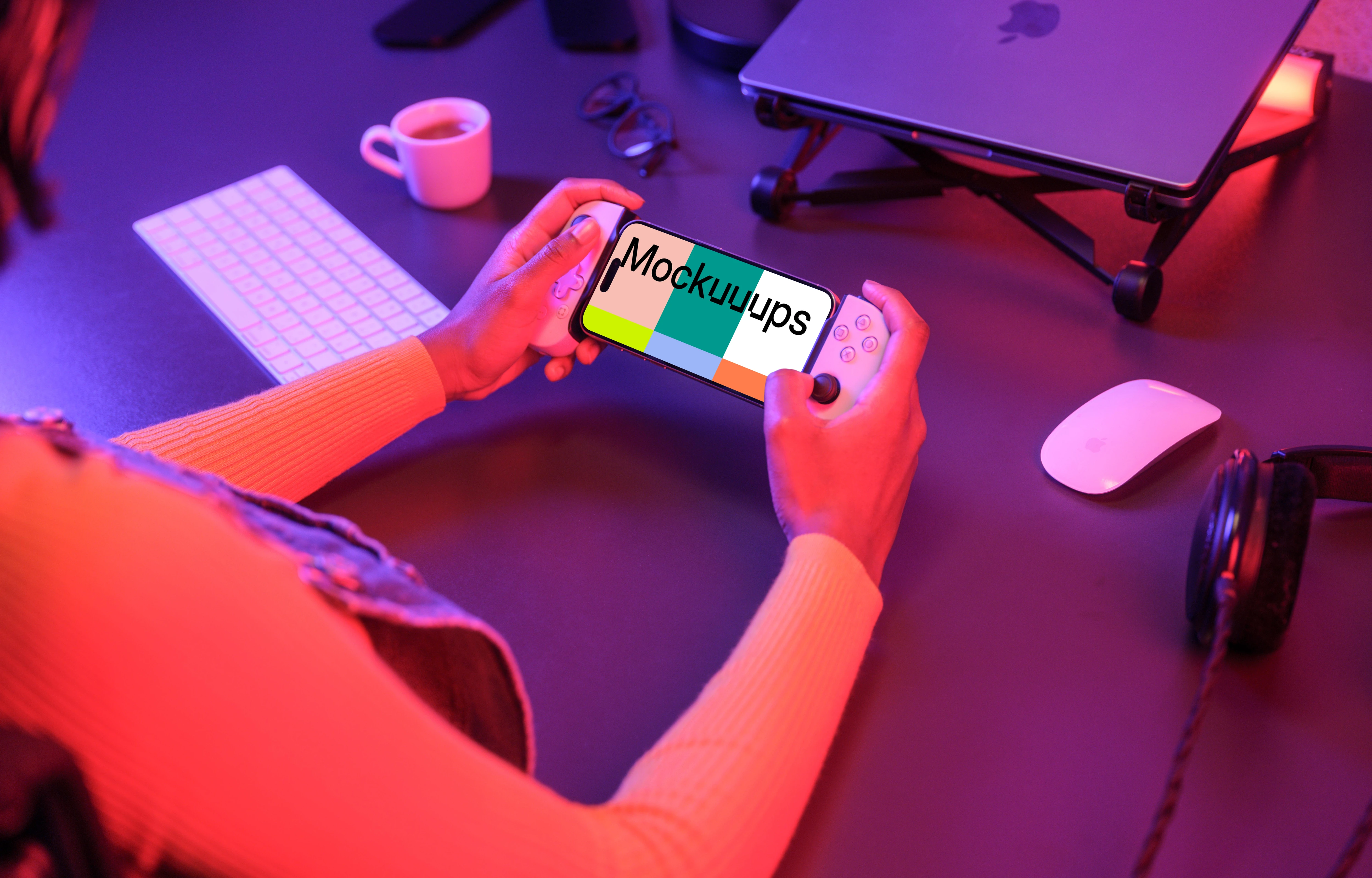 iPhone 15 Pro mockup for gaming in a vibrant setting