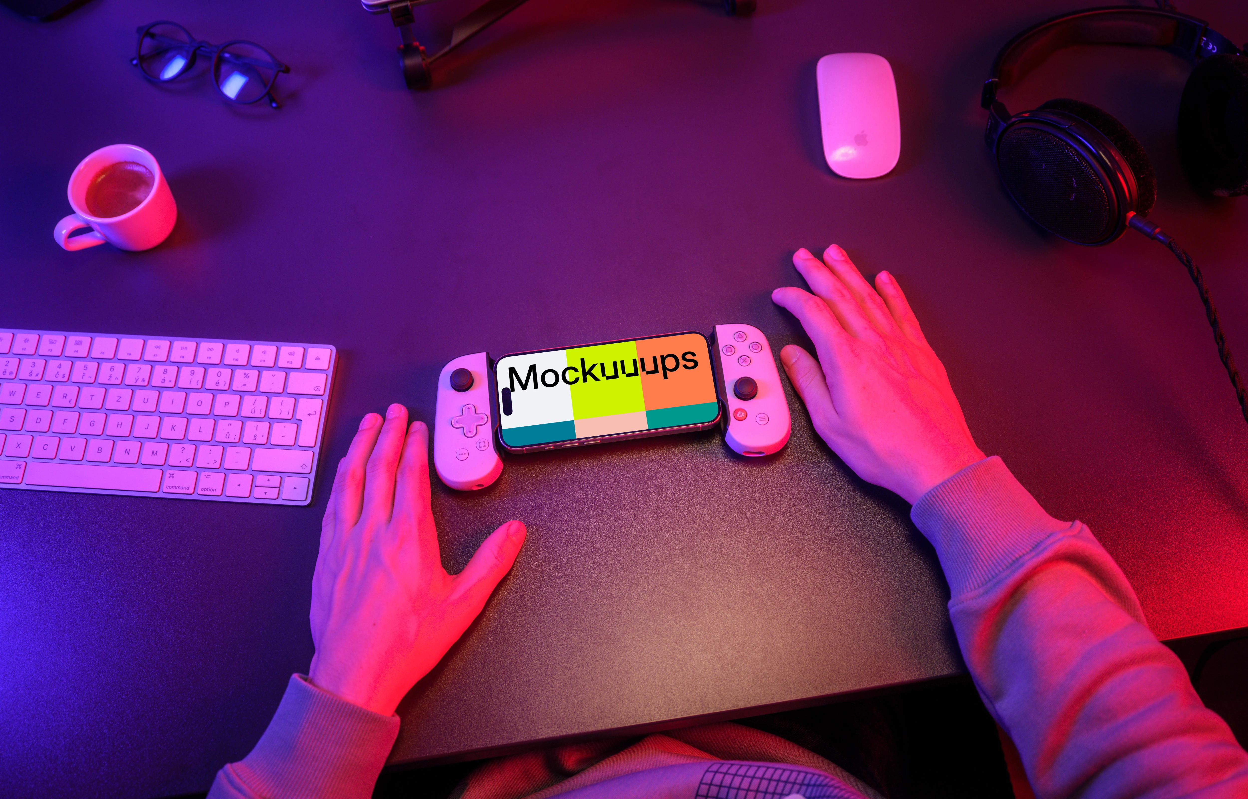 iPhone 15 Pro mockup gaming setup with handheld controller