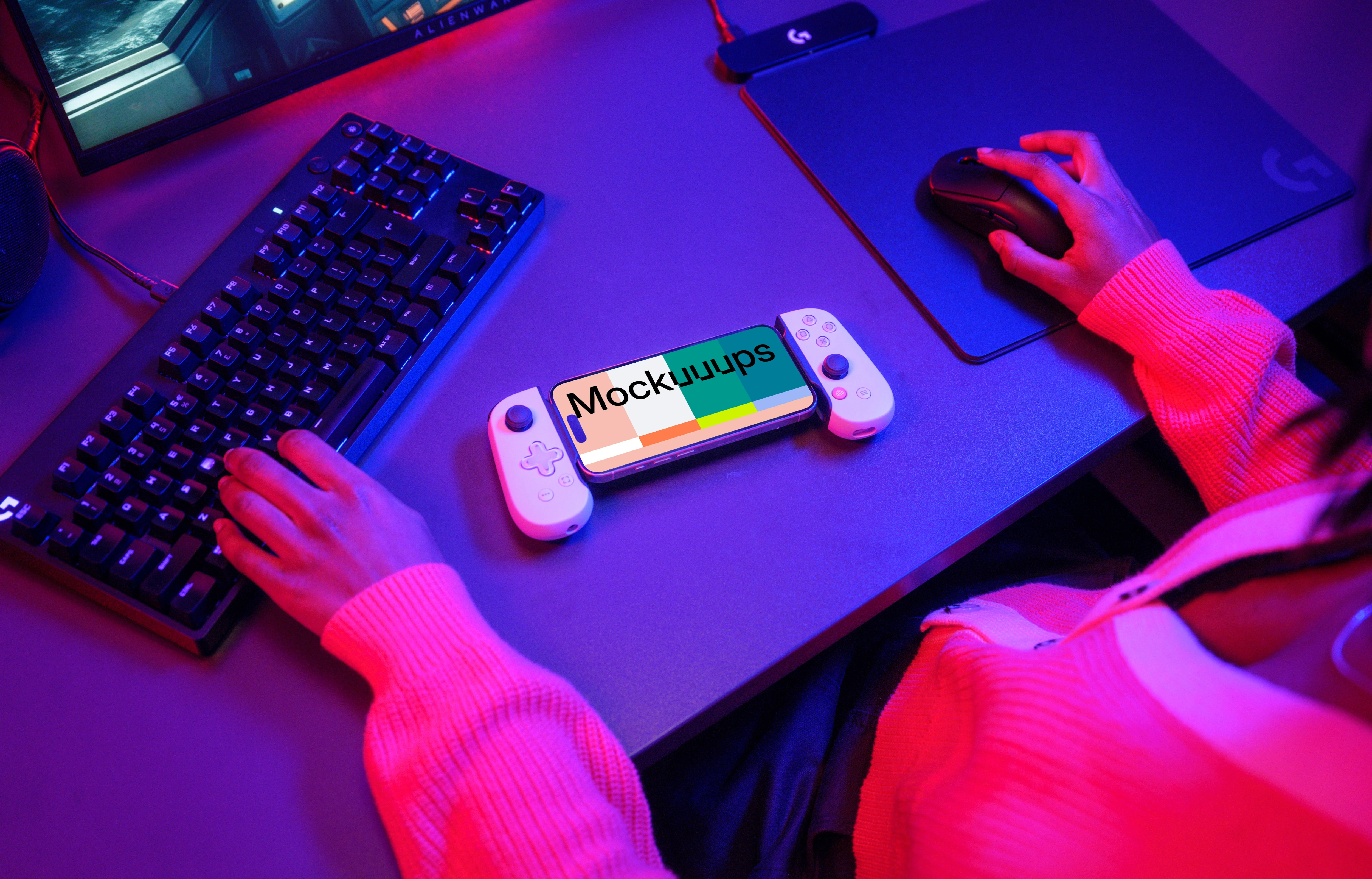 iPhone 15 Pro mockup in a gamer's paradise