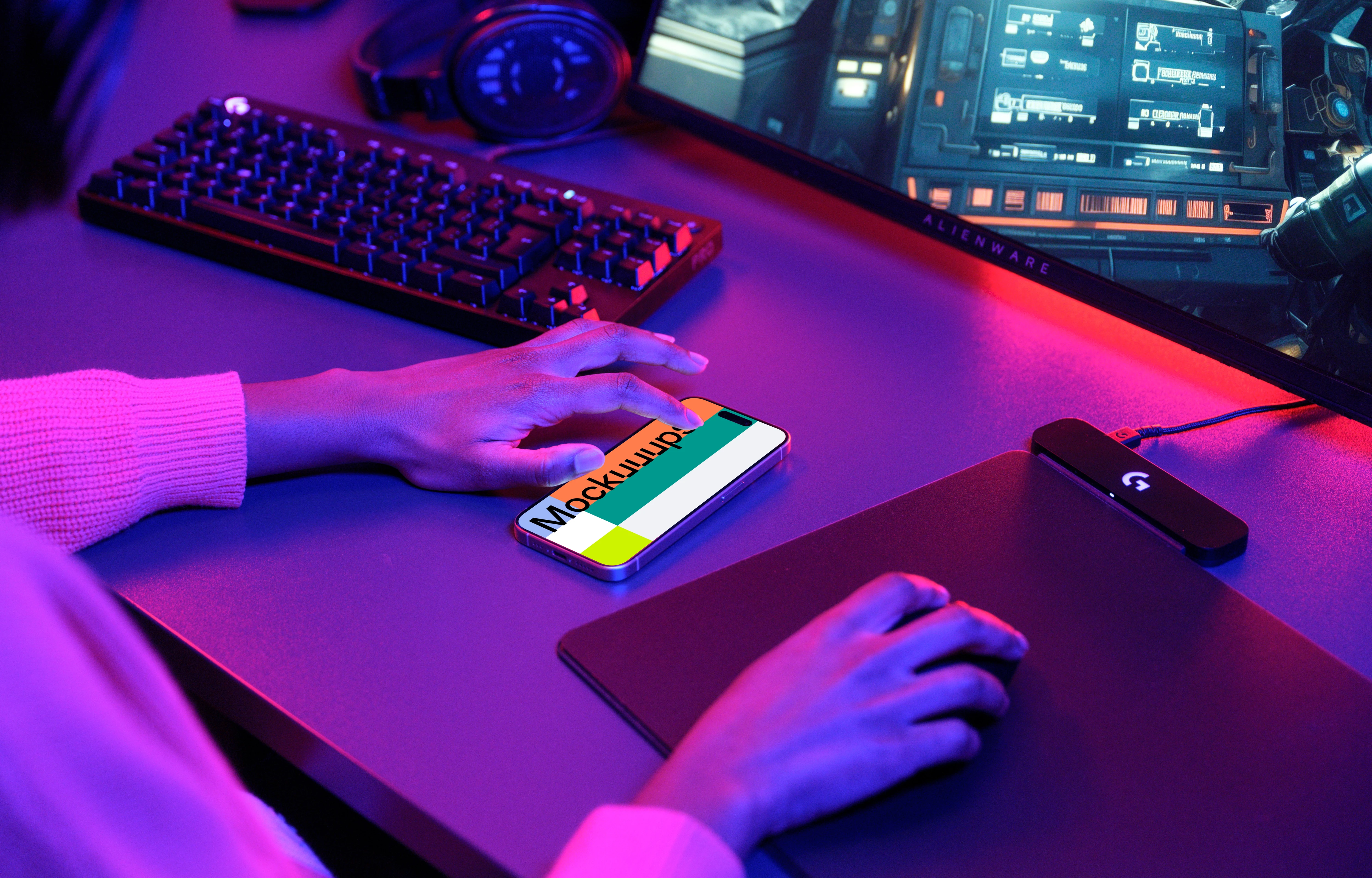 iPhone 15 Pro mockup in gaming environment