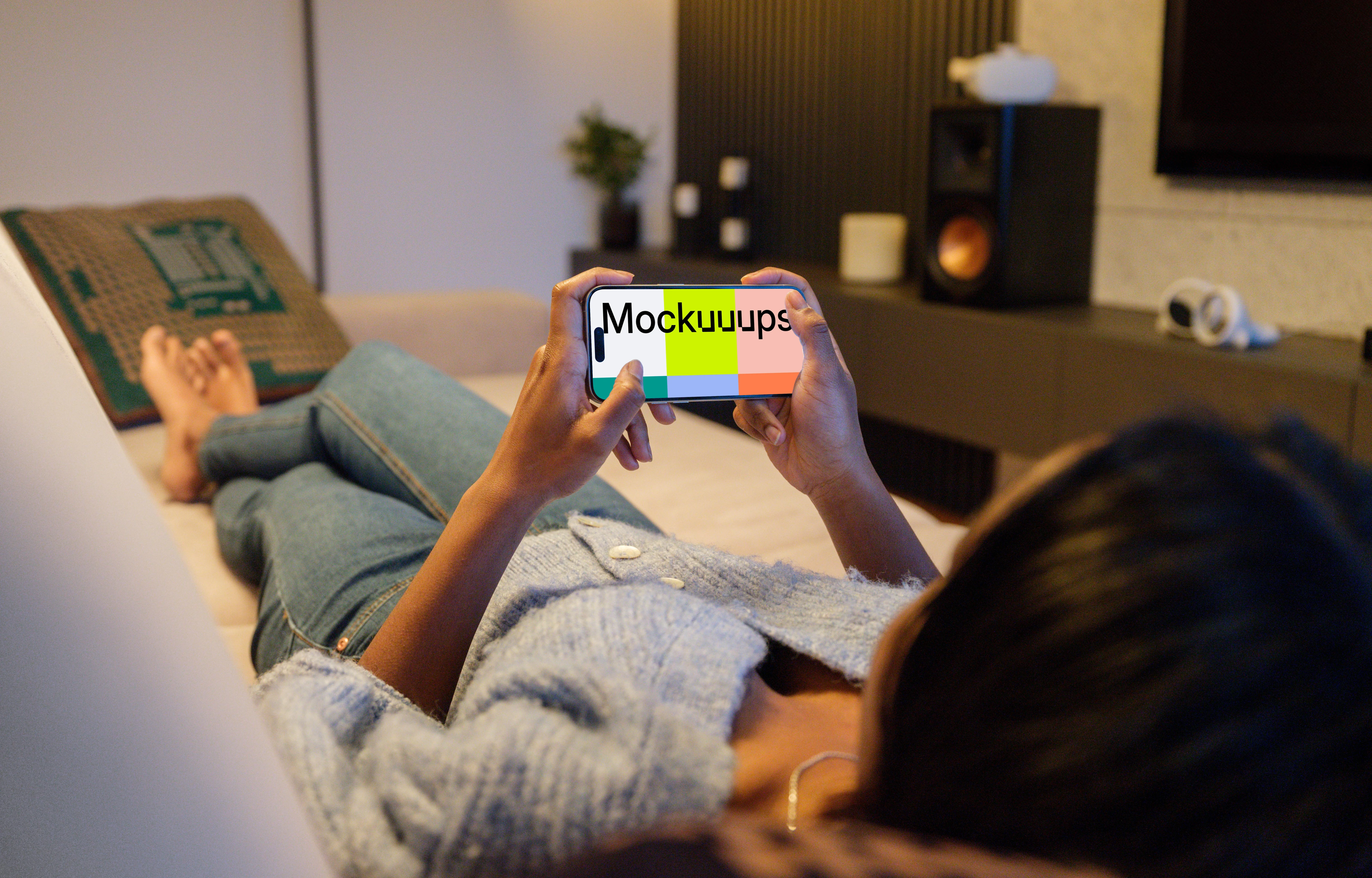 iPhone 15 Pro mockup in relaxed home setting