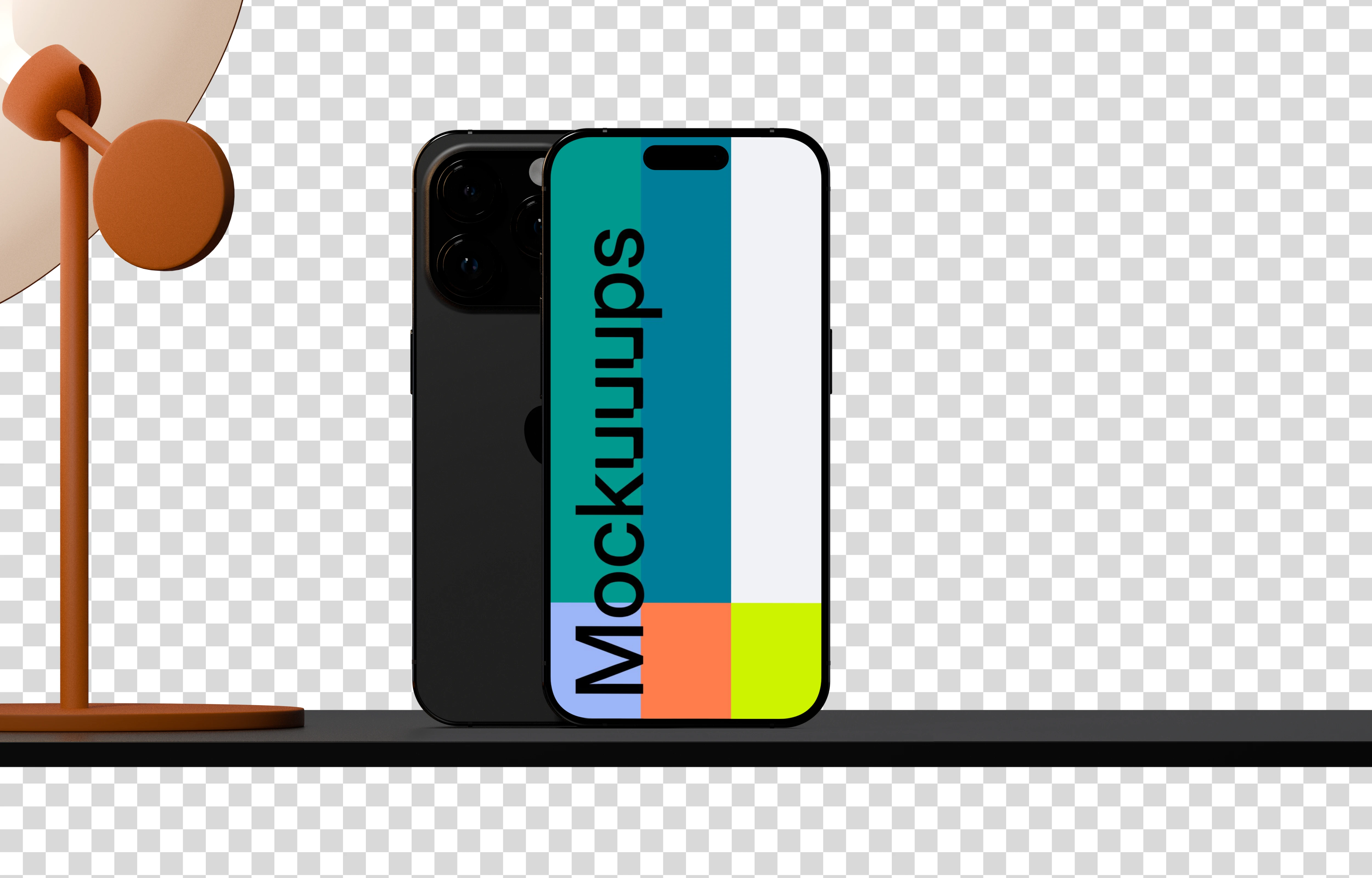 iPhone 16 mockup on dark wooden surface