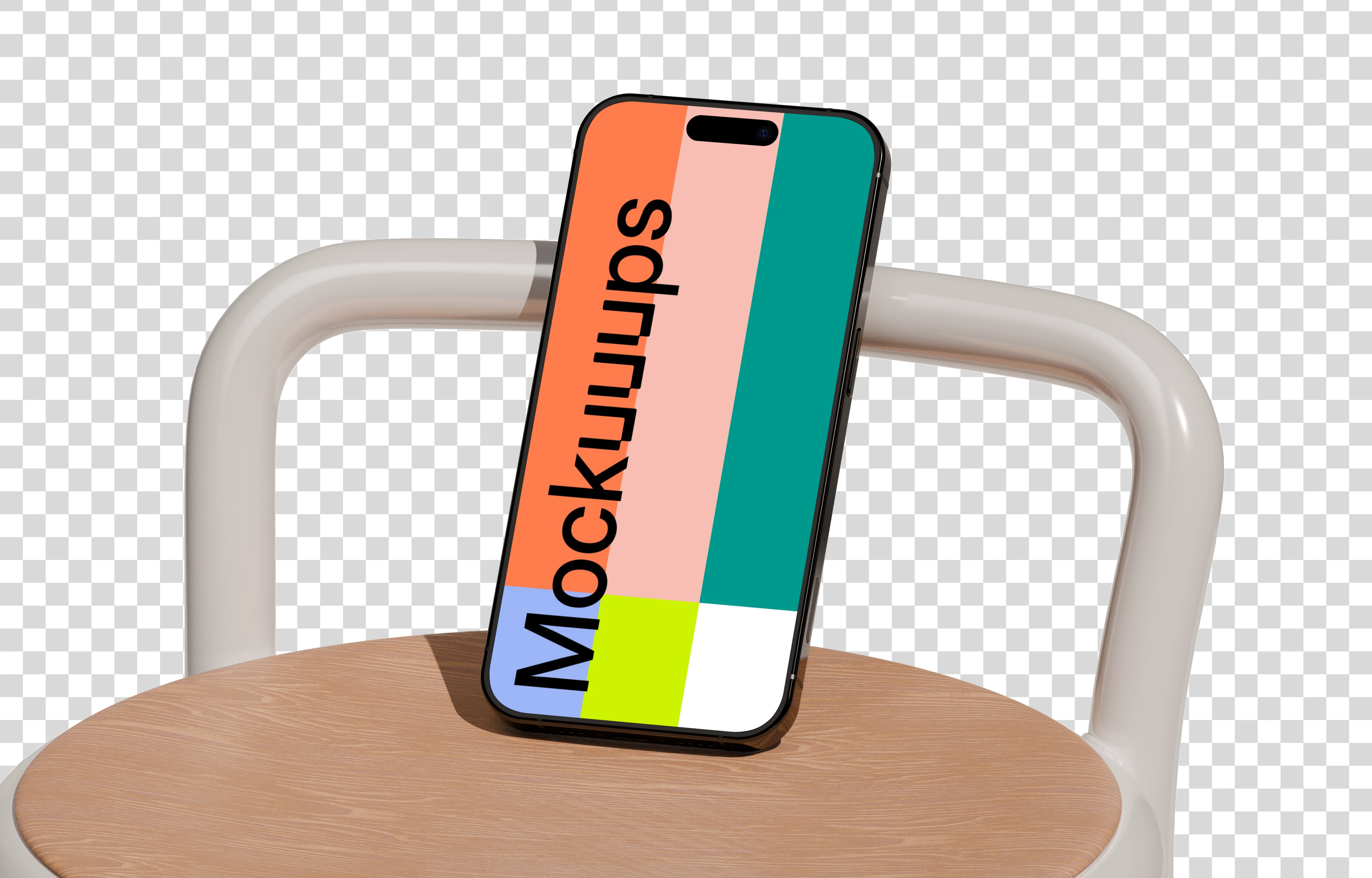 iPhone 16 mockup standing on a chair with no background