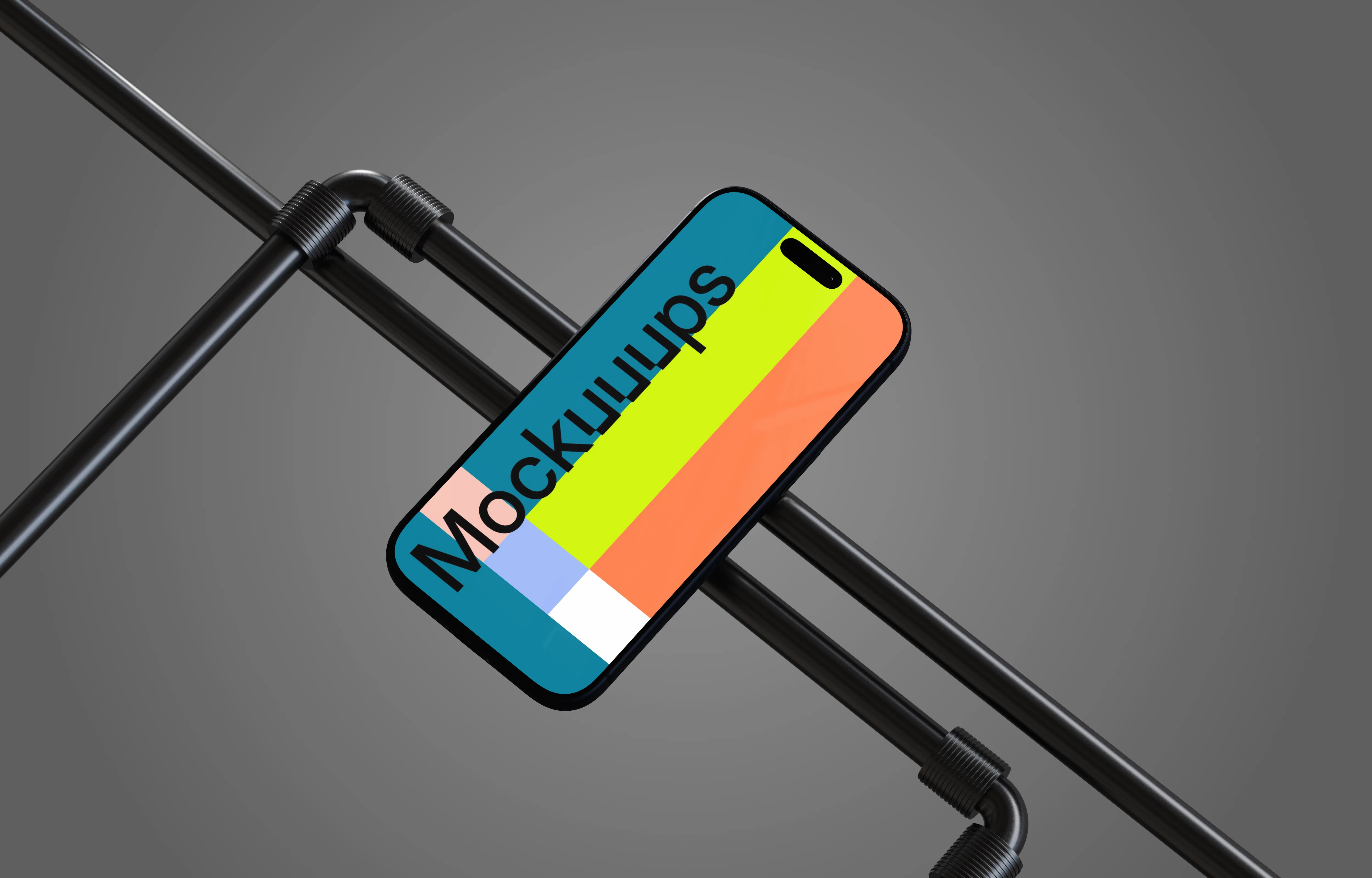 iPhone 17 mockup on a metal support structure