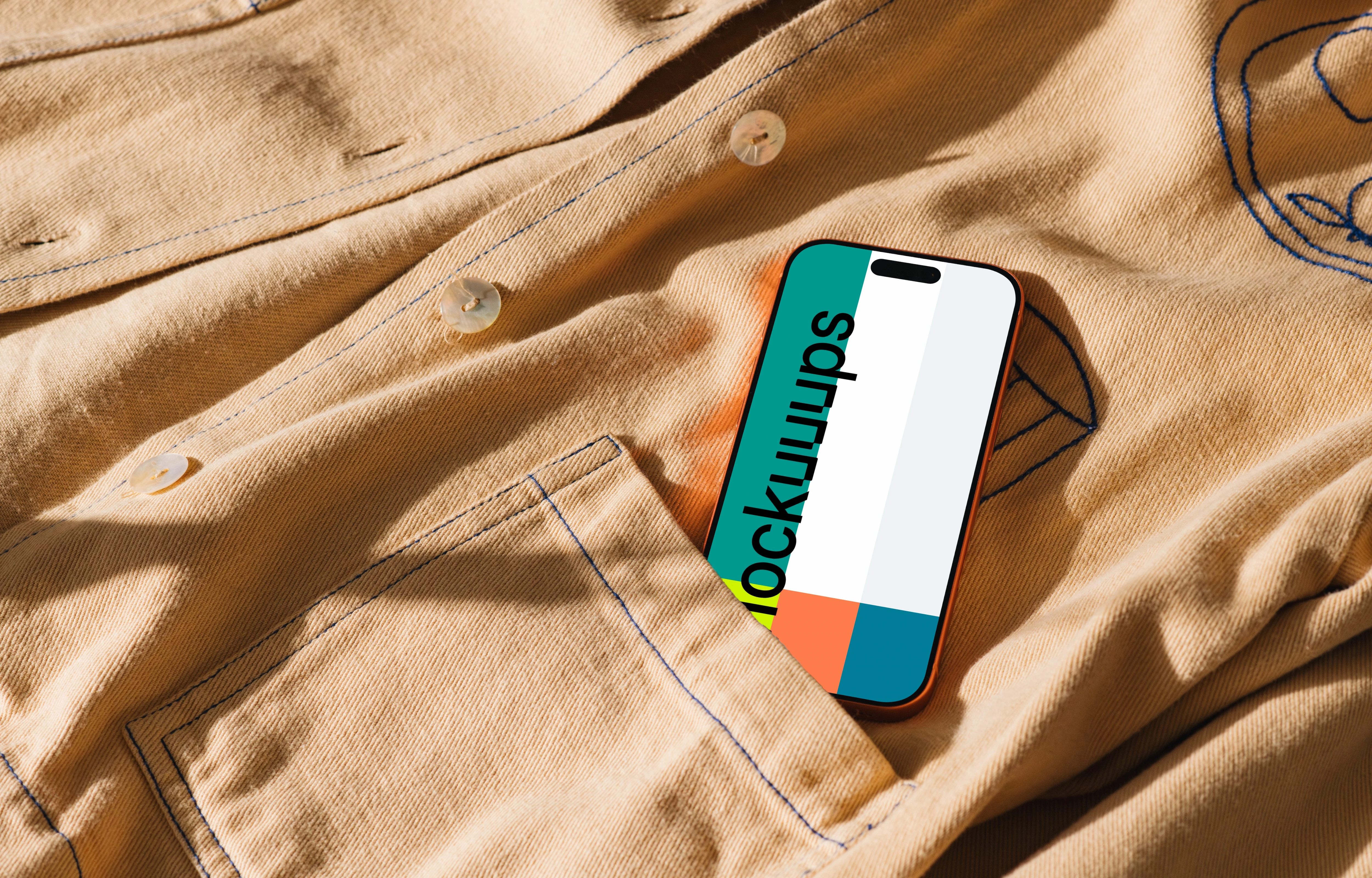 iPhone 17 Pro mockup in a beige fabric pocket