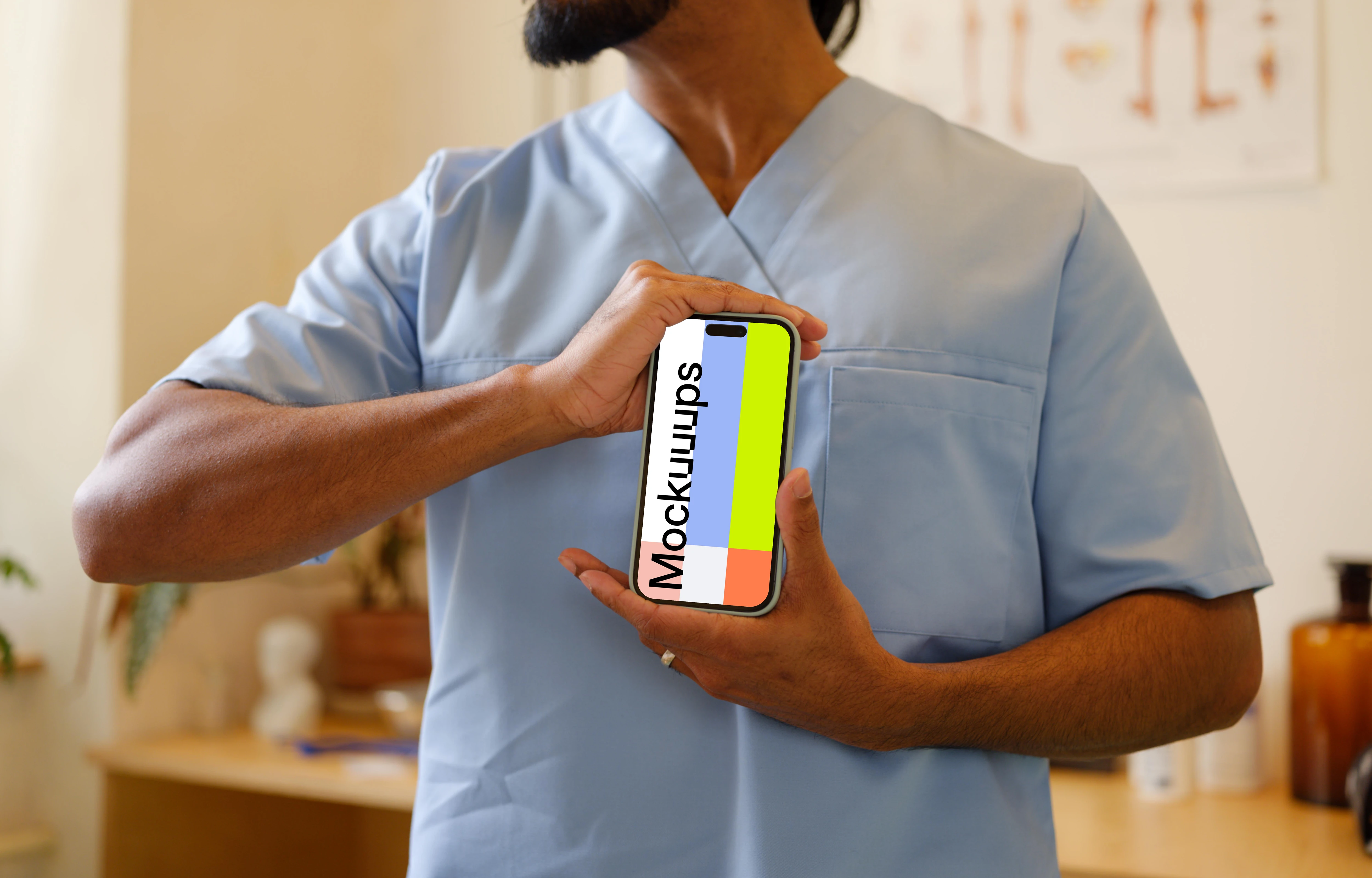 iPhone mockup en manos de un médico