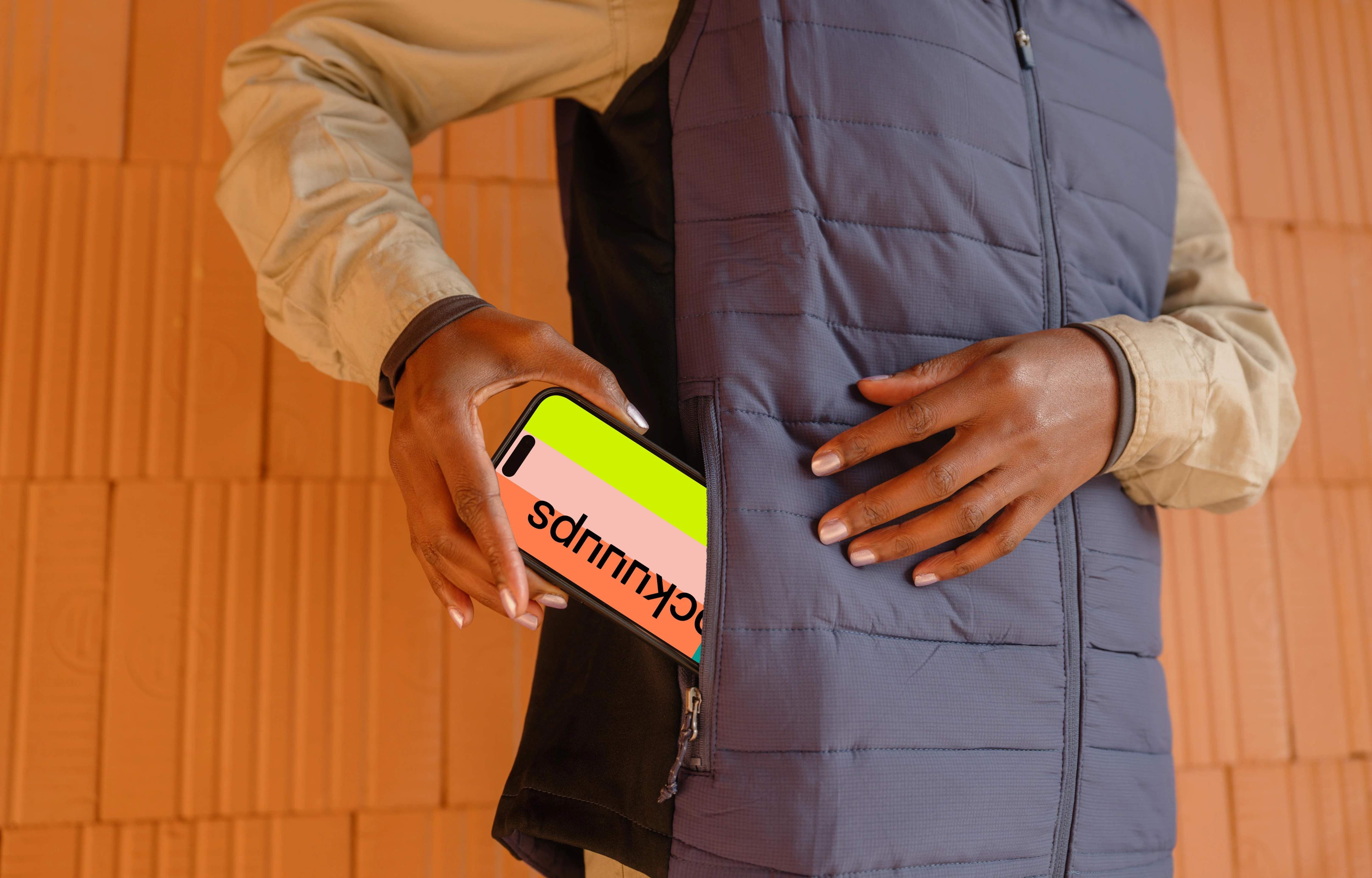 iPhone mockup in the pocket of female engineer