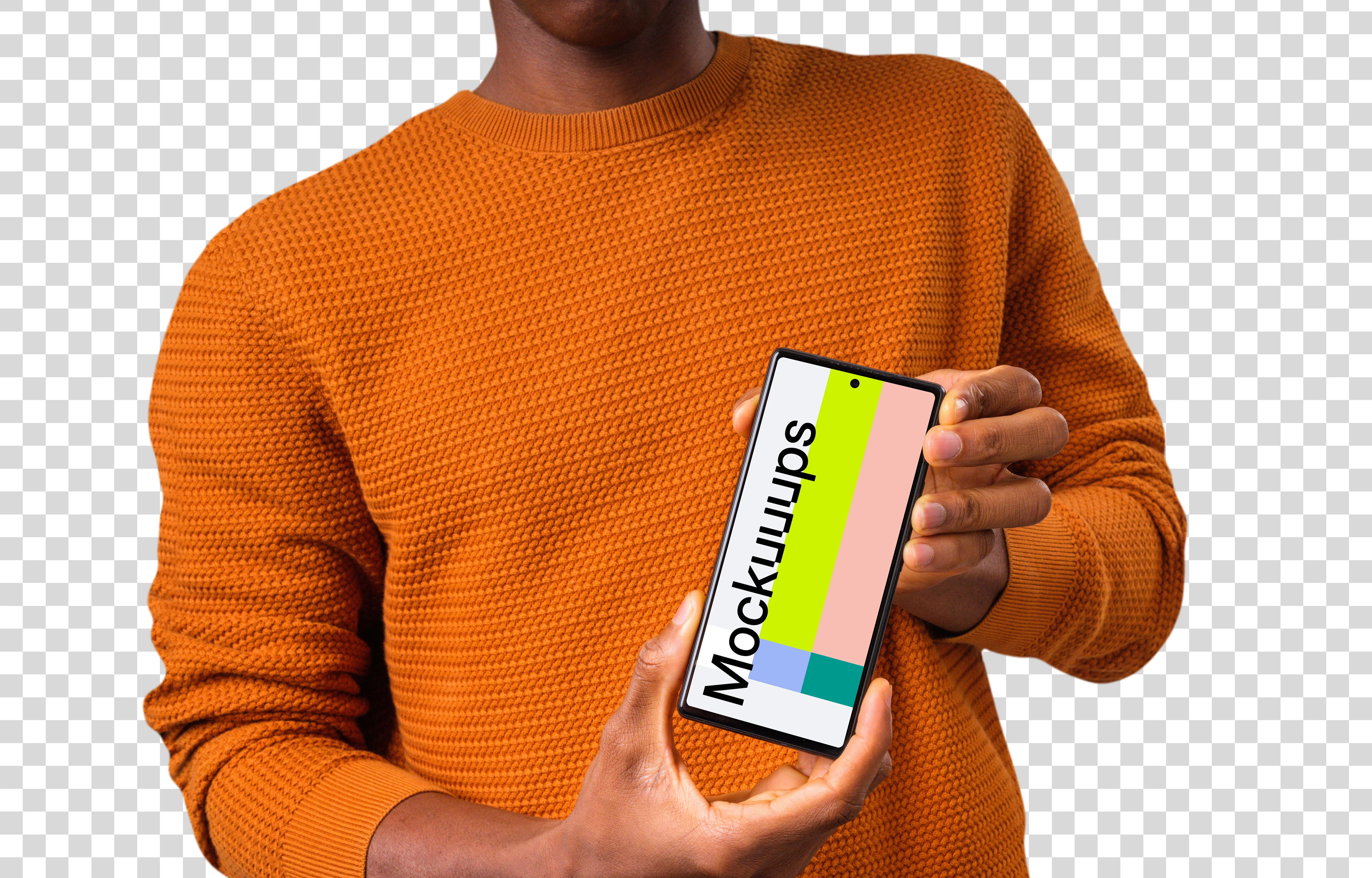 Mockup of man in orange sweater holding Google Pixel mockup