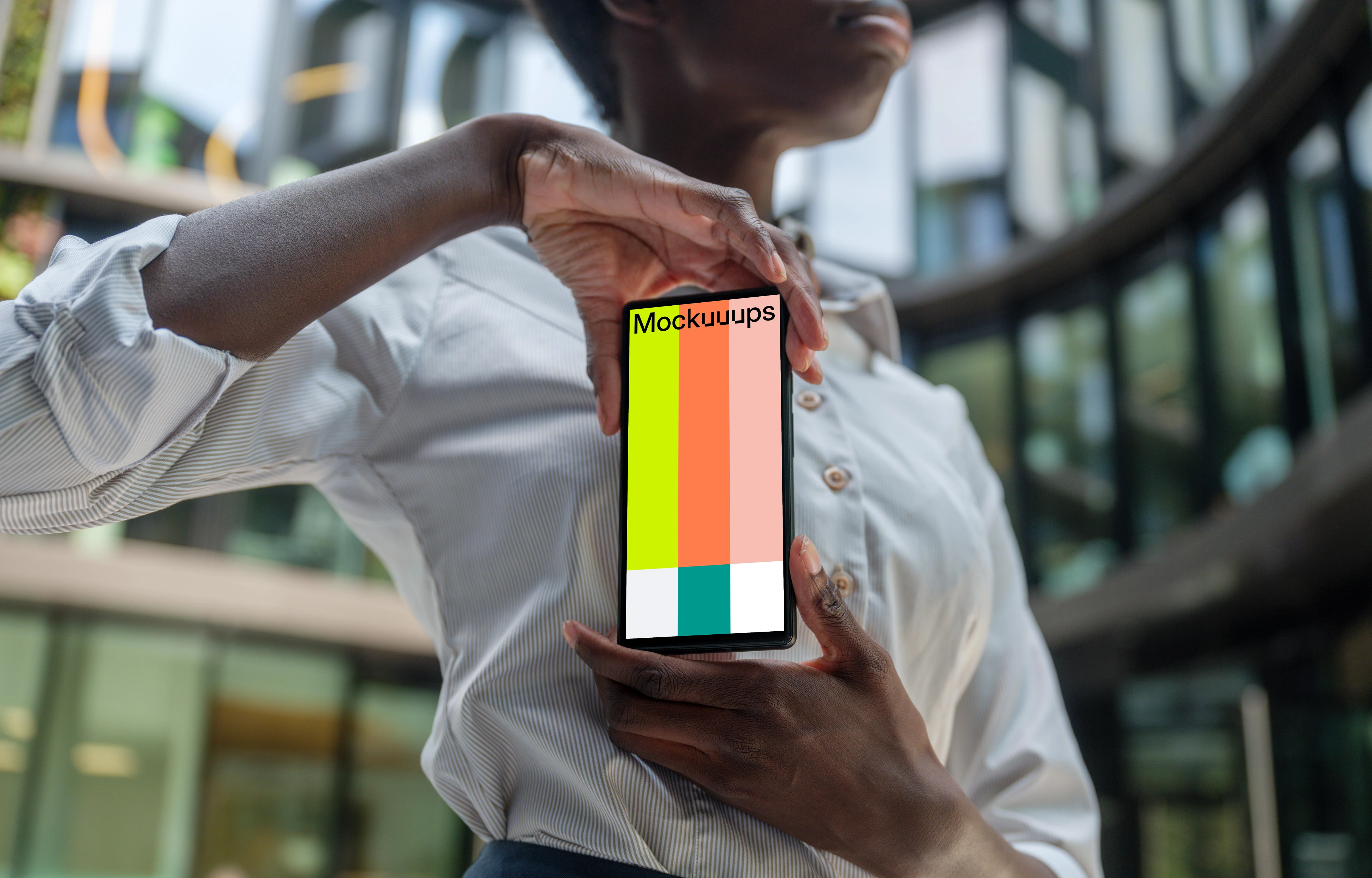 Businesswoman holding a Google Pixel mockup