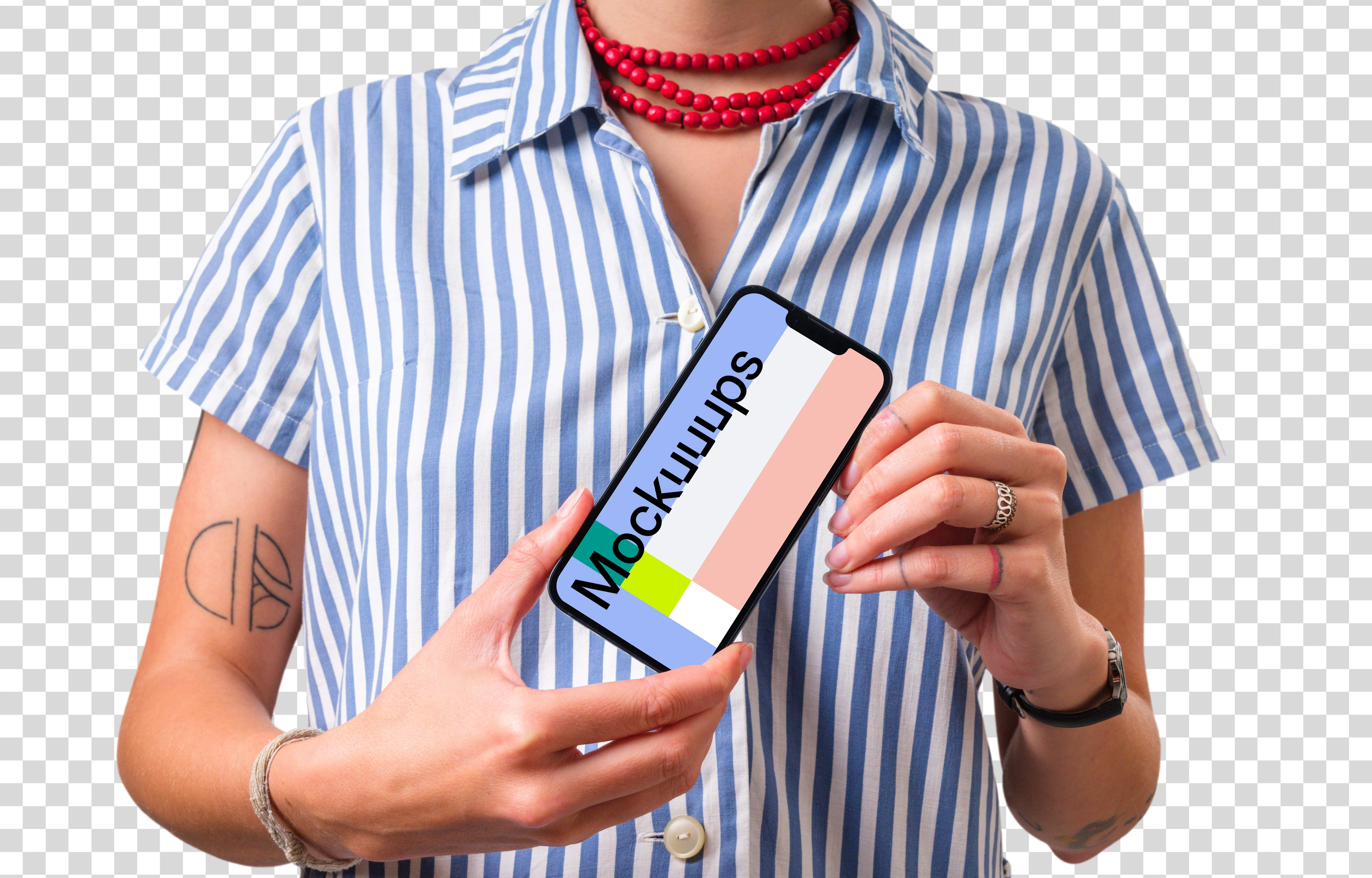 Woman holding iPhone mockup with both hands
