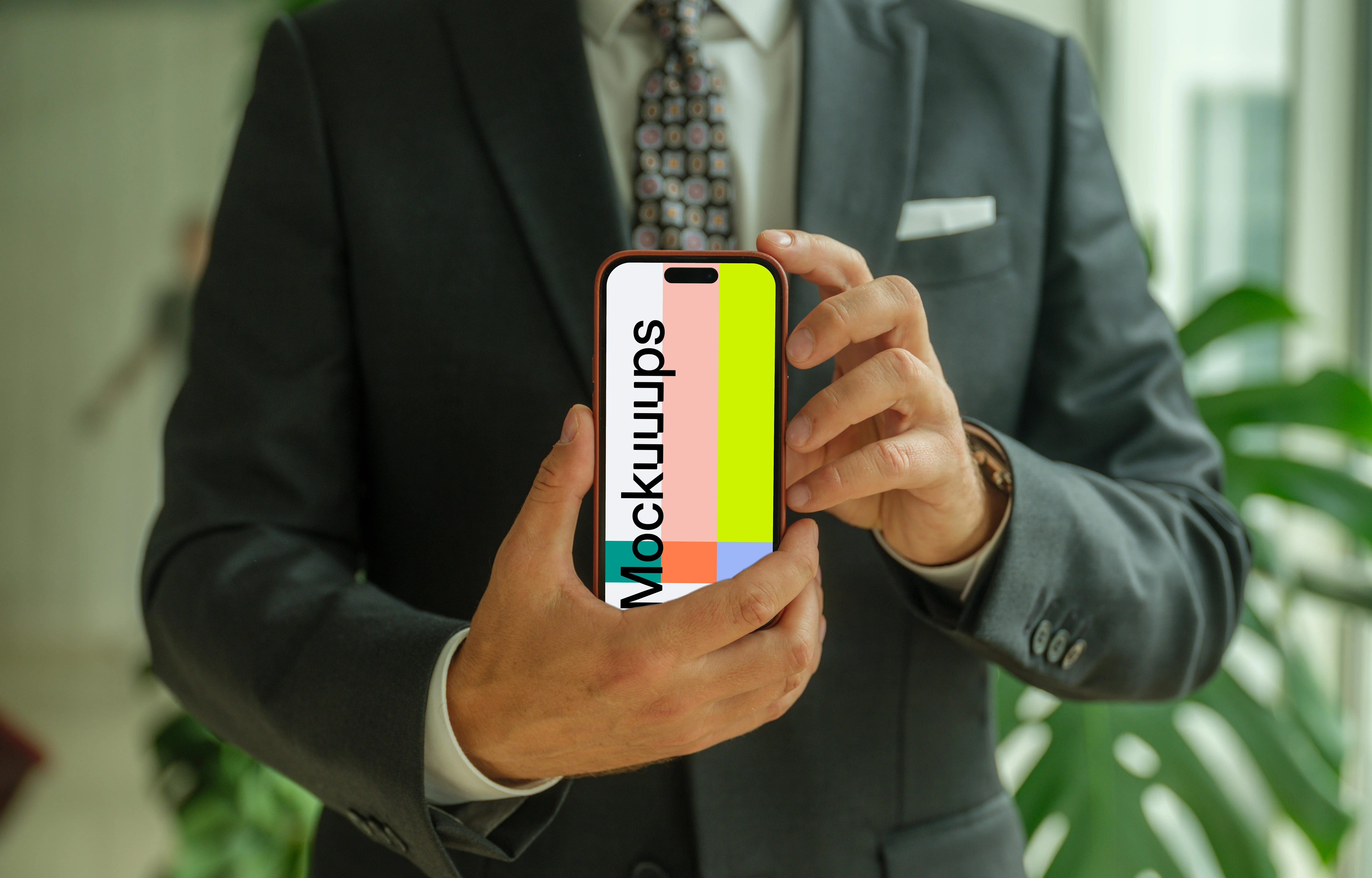 Businessman confidently holding an iPhone mockup