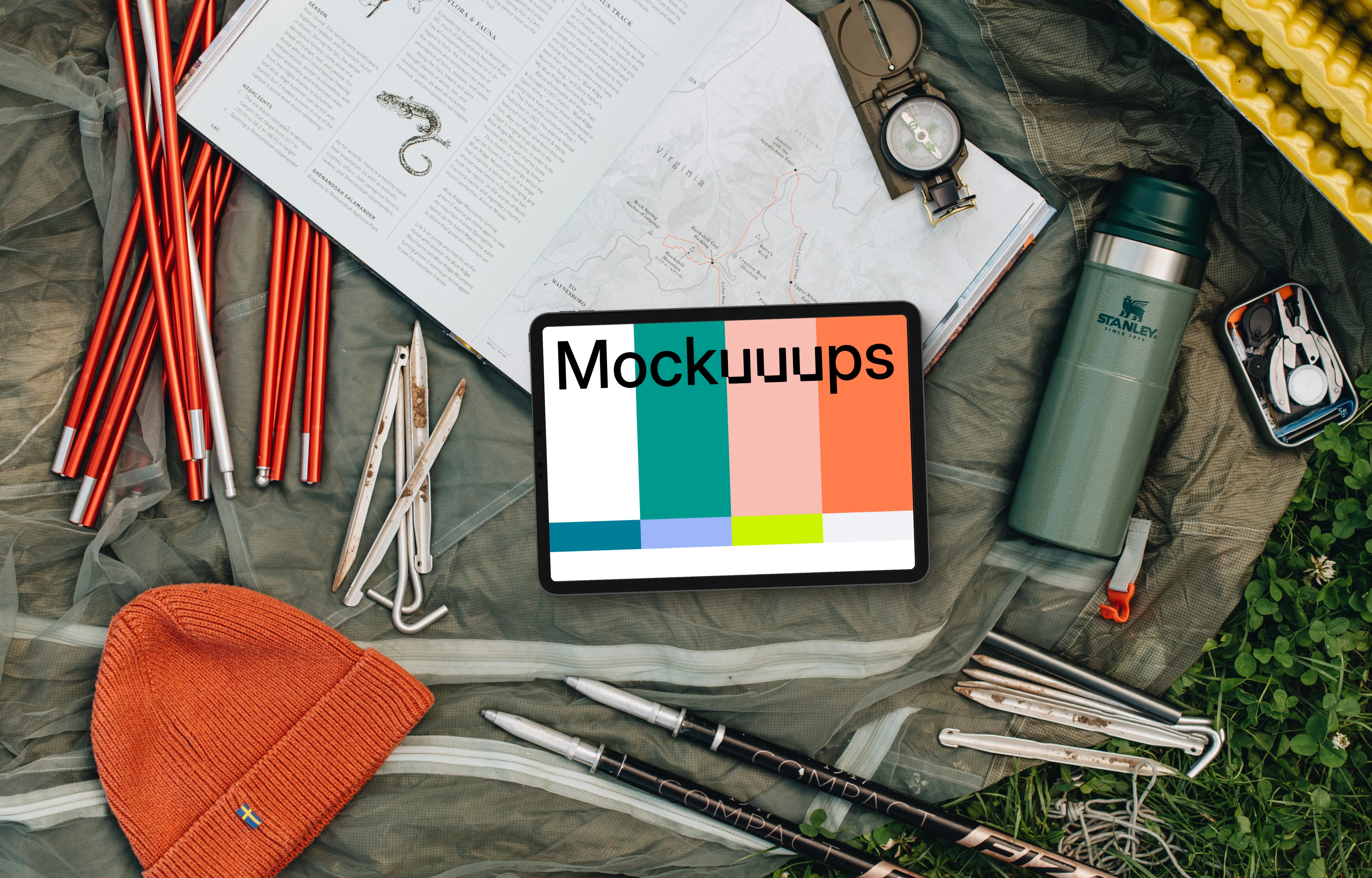 Landscape tablet mockup on camp grounds