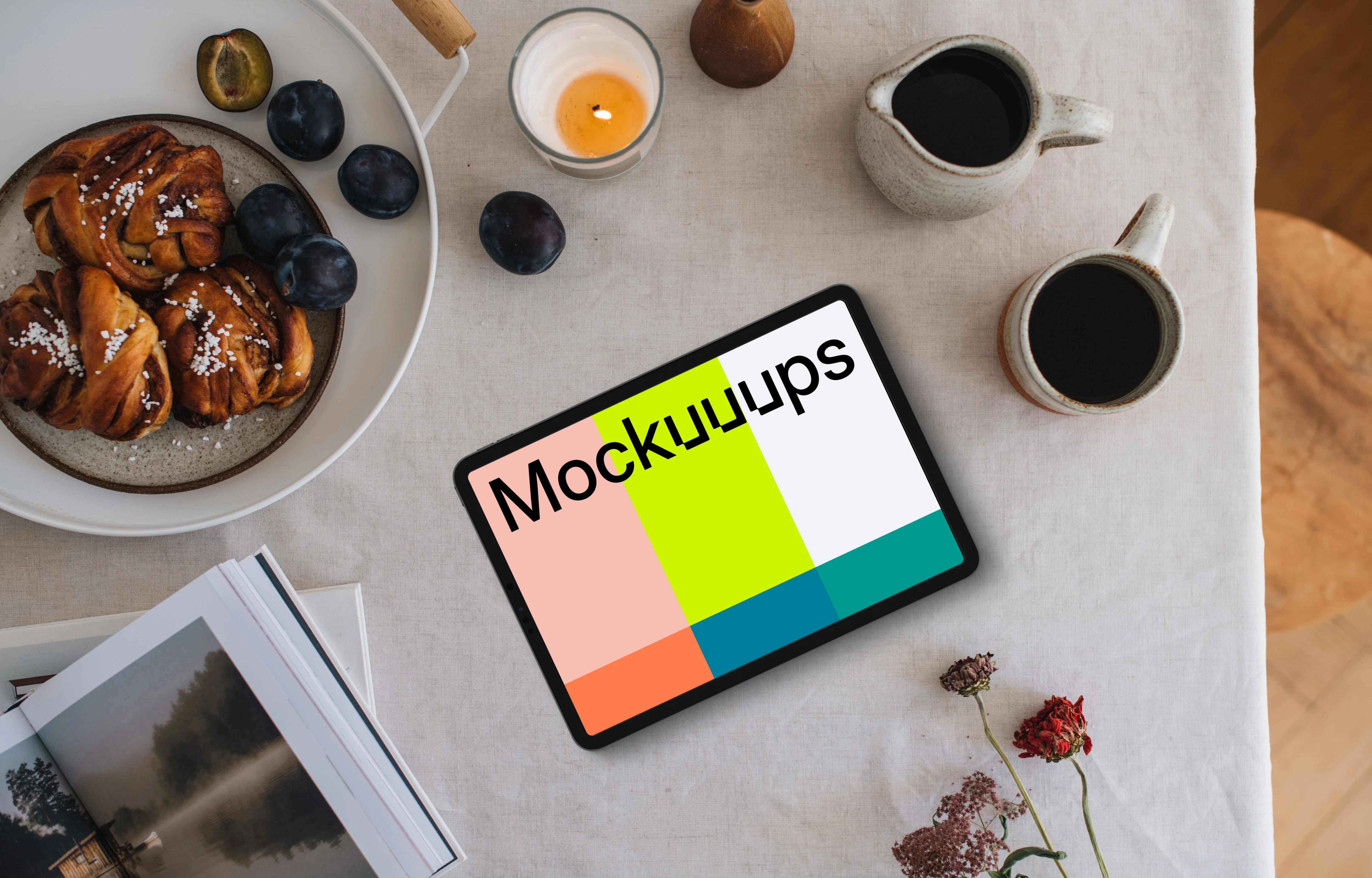 Landscape tablet mockup on the dinning table