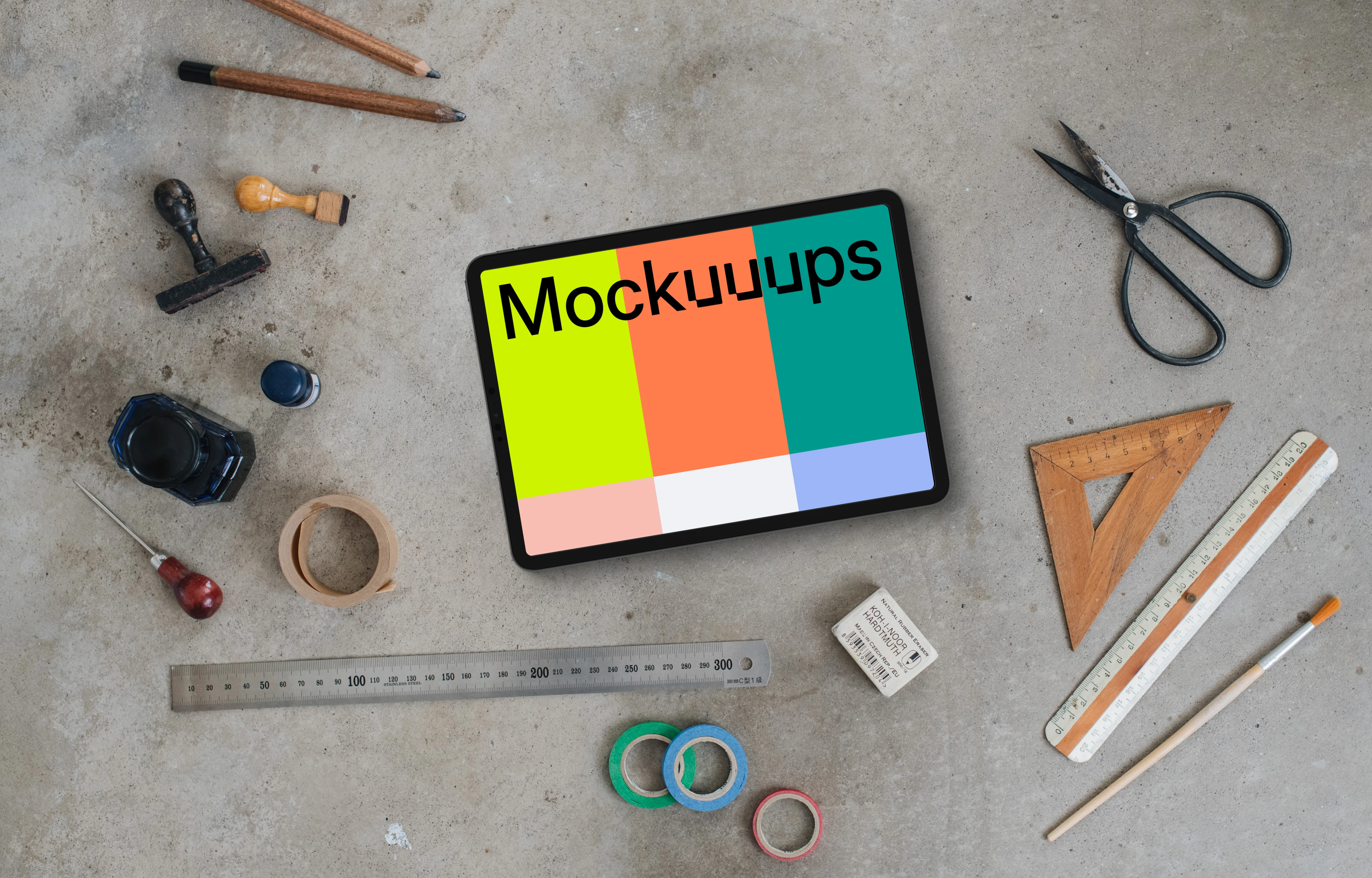 Landscape tablet mockup with a ruler on the side