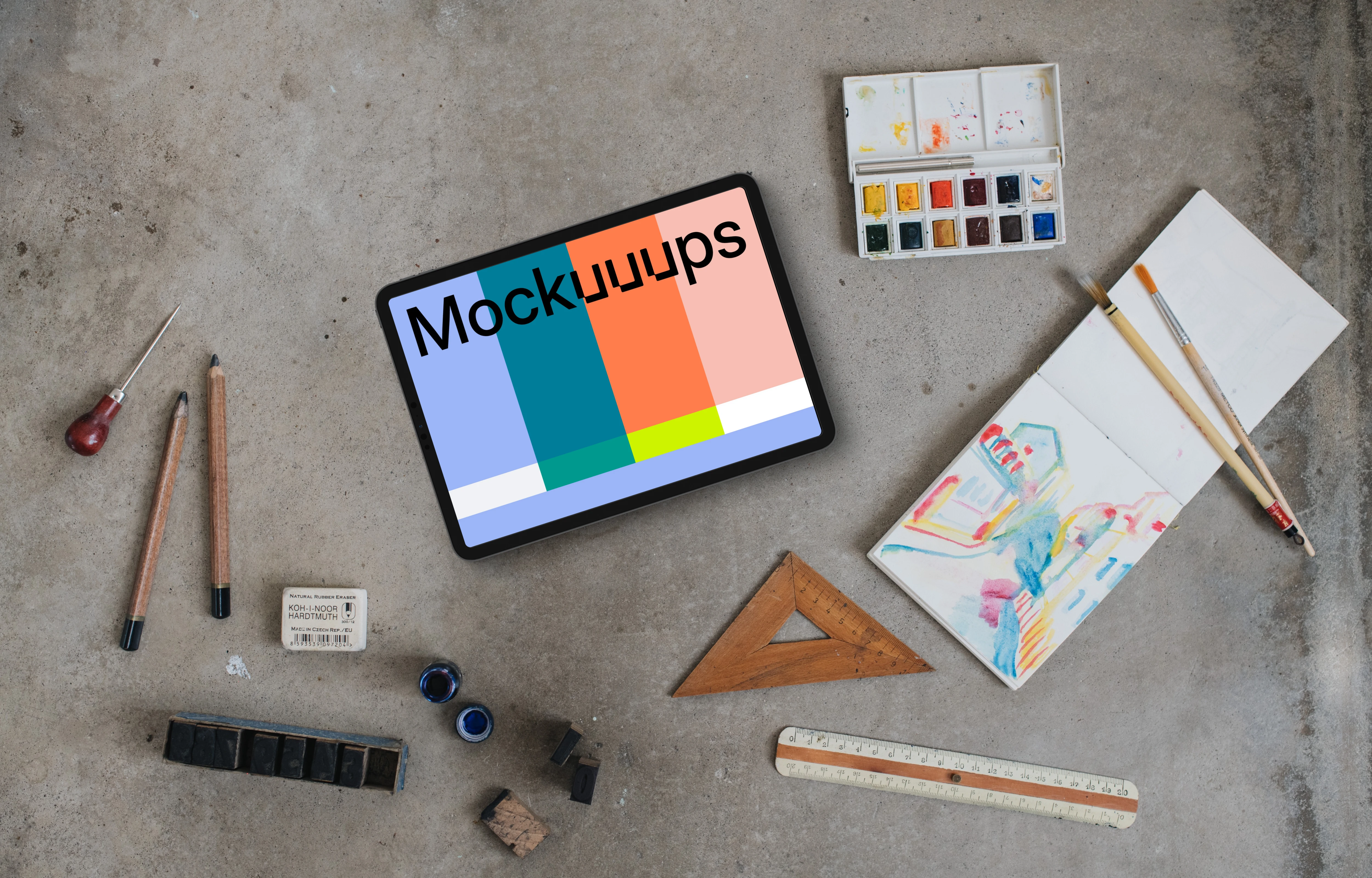 Landscape tablet mockup with a watercolour painting