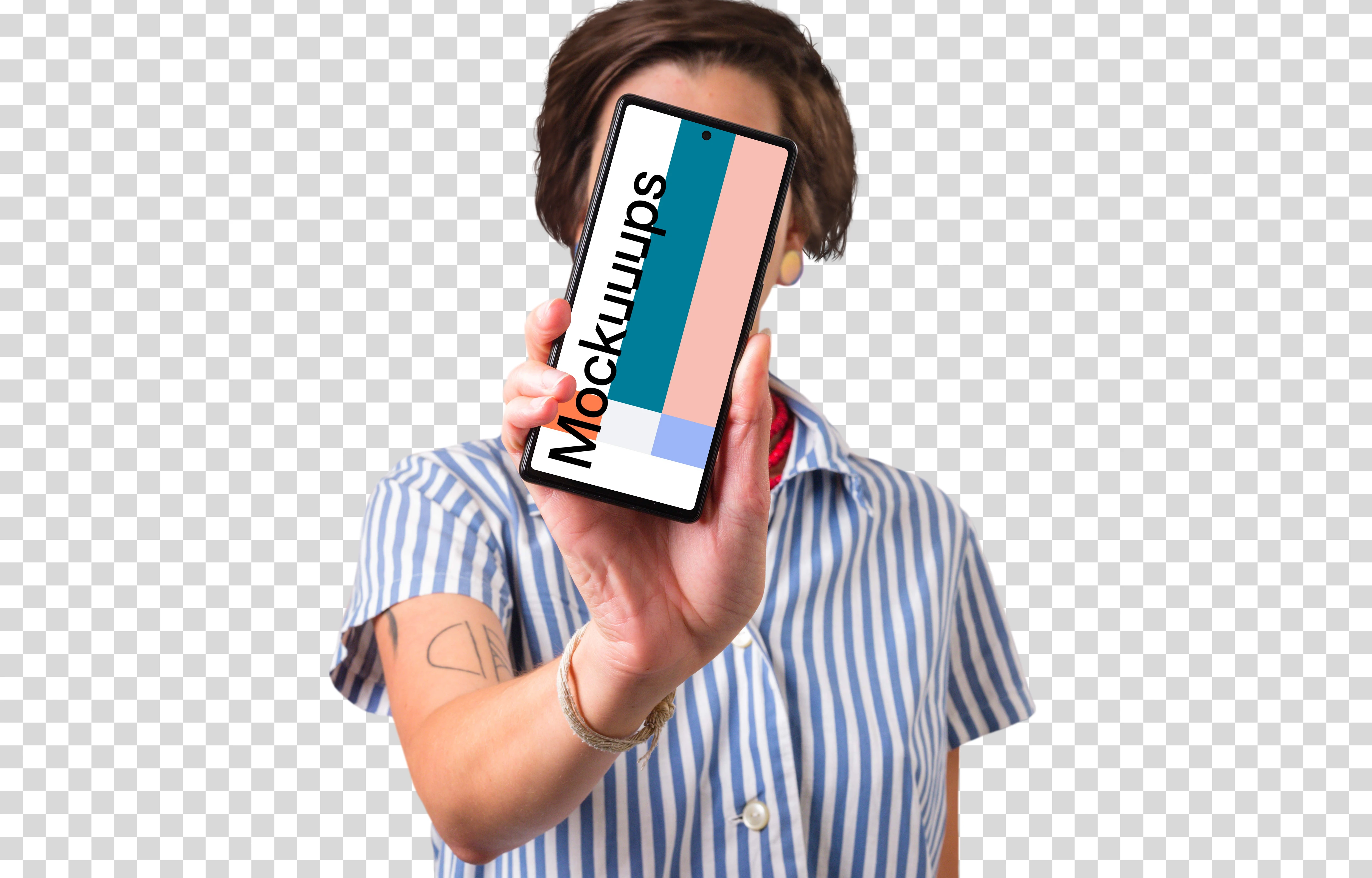 Woman holding Google Pixel mockup in front of her face
