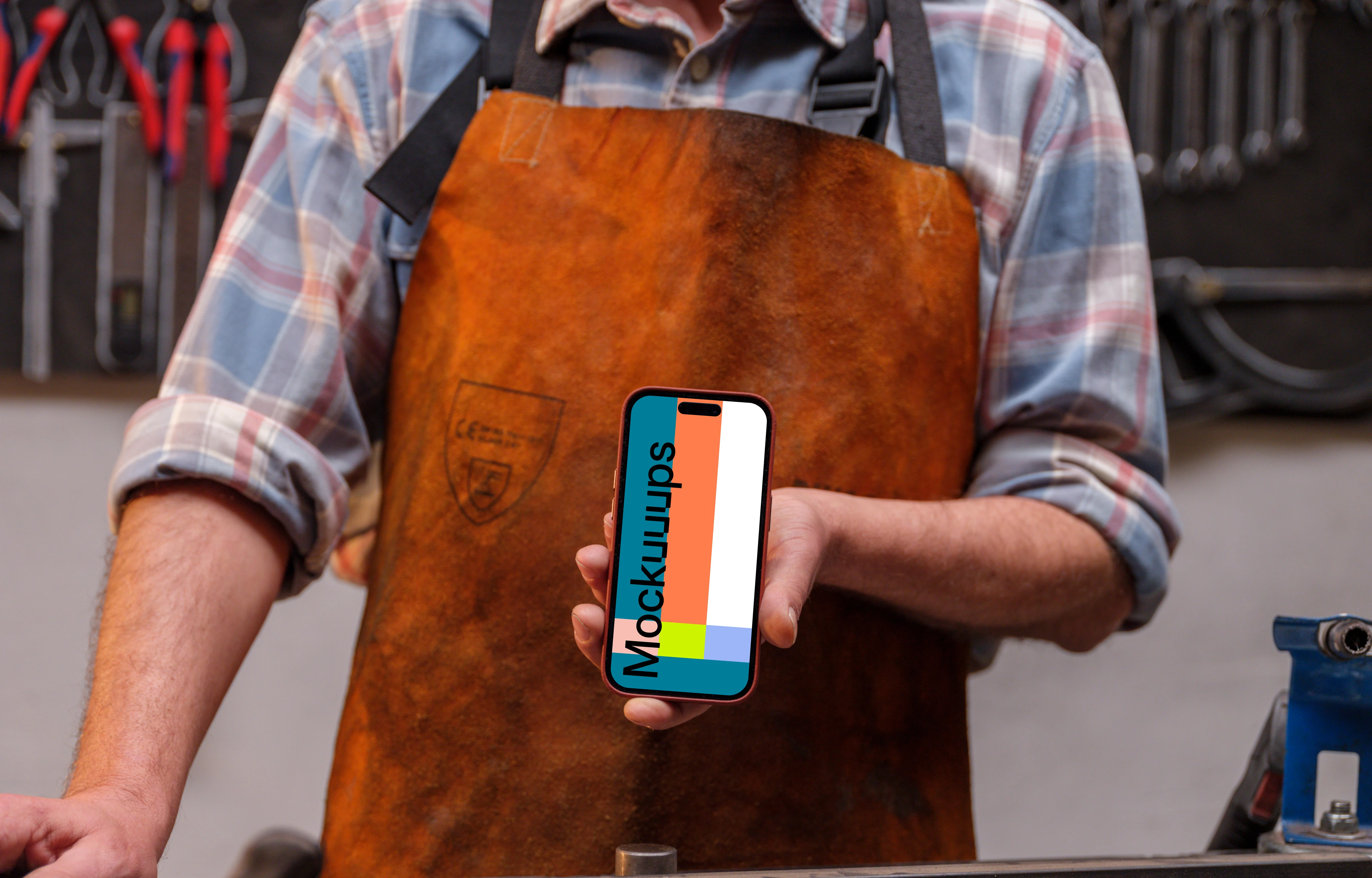 Leather crafter holding an iPhone mockup