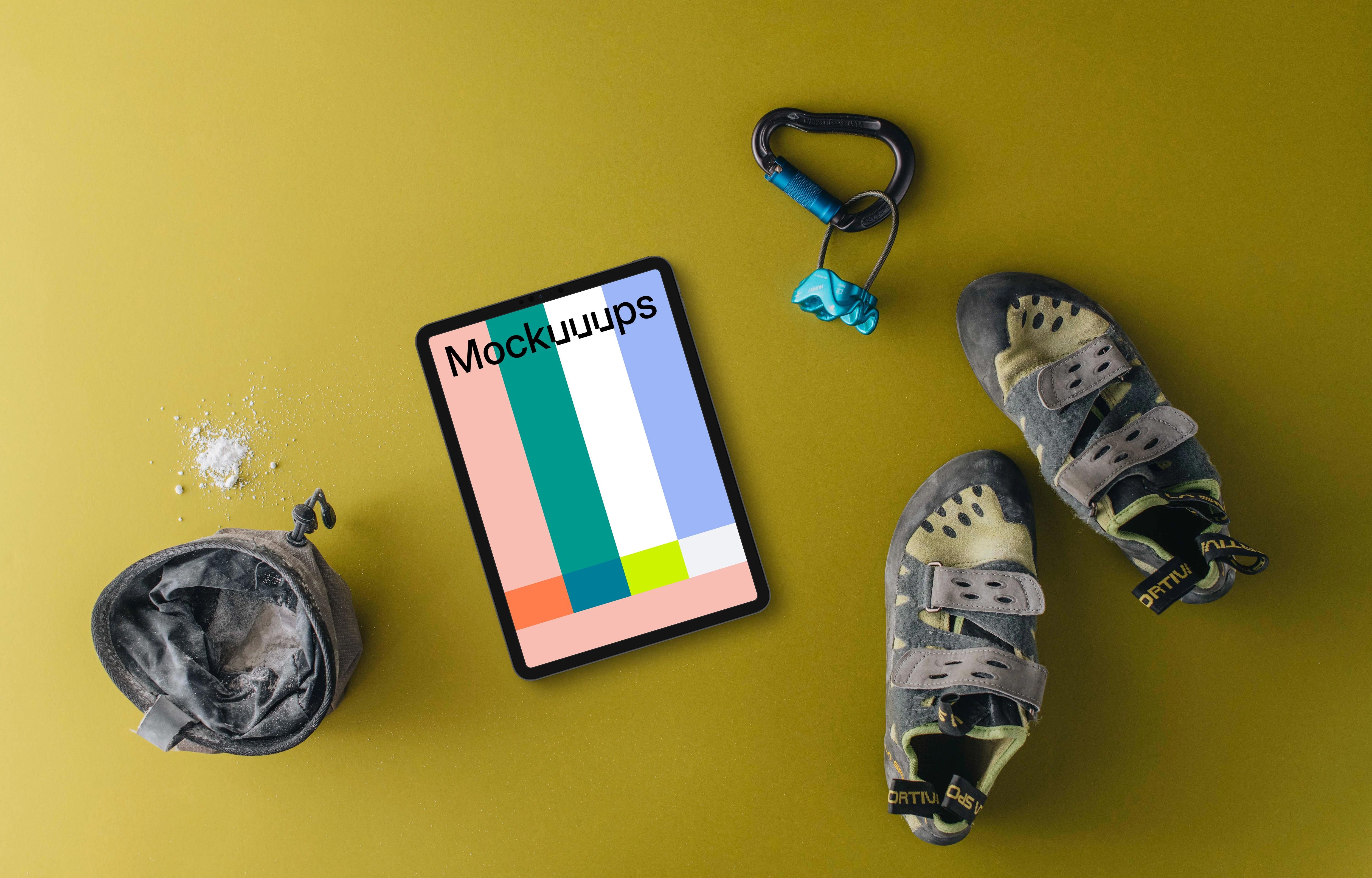 Climbing equipment with tablet mockup