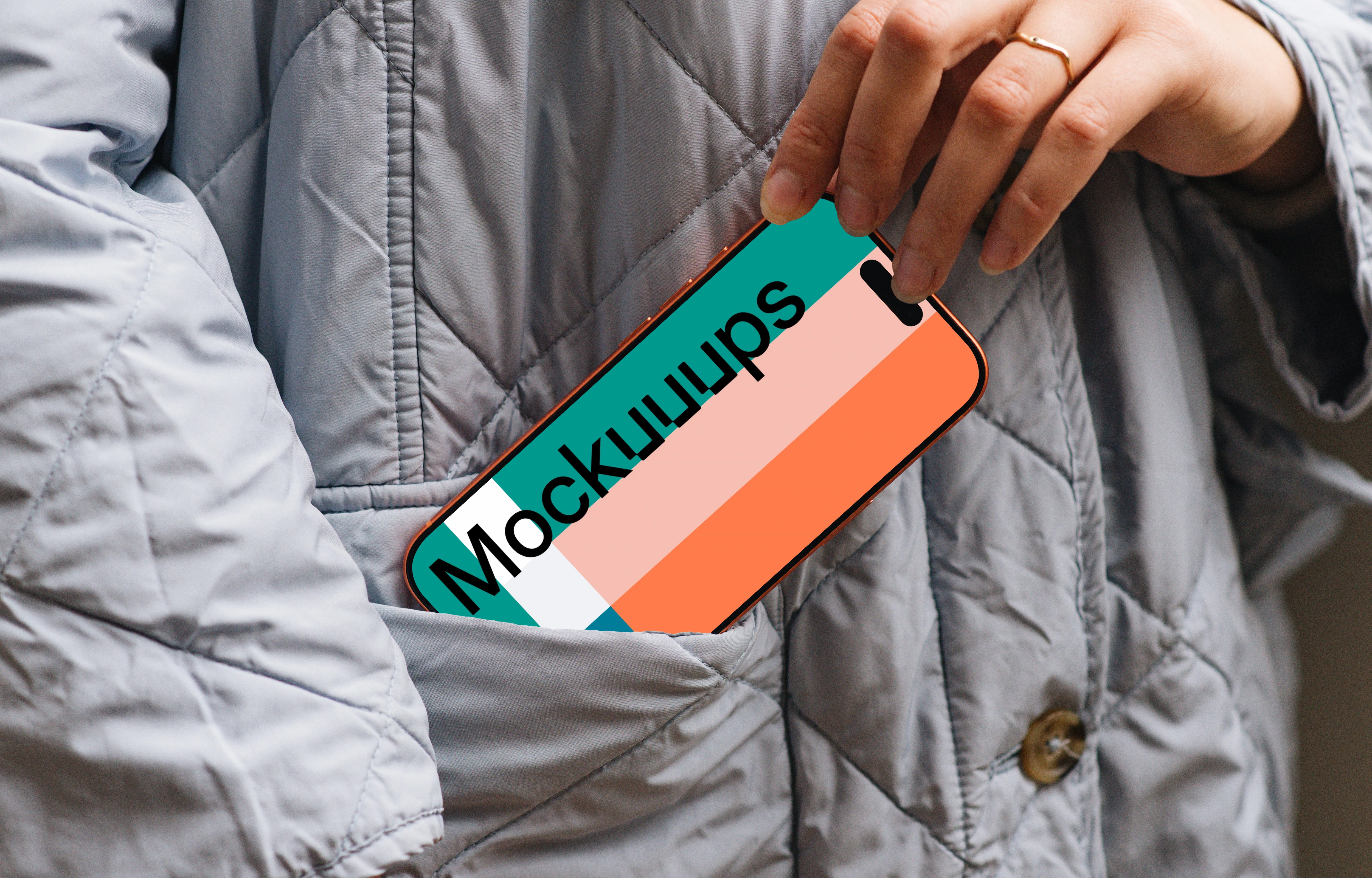 Free iPhone 17 Pro mockup in a jacket pocket