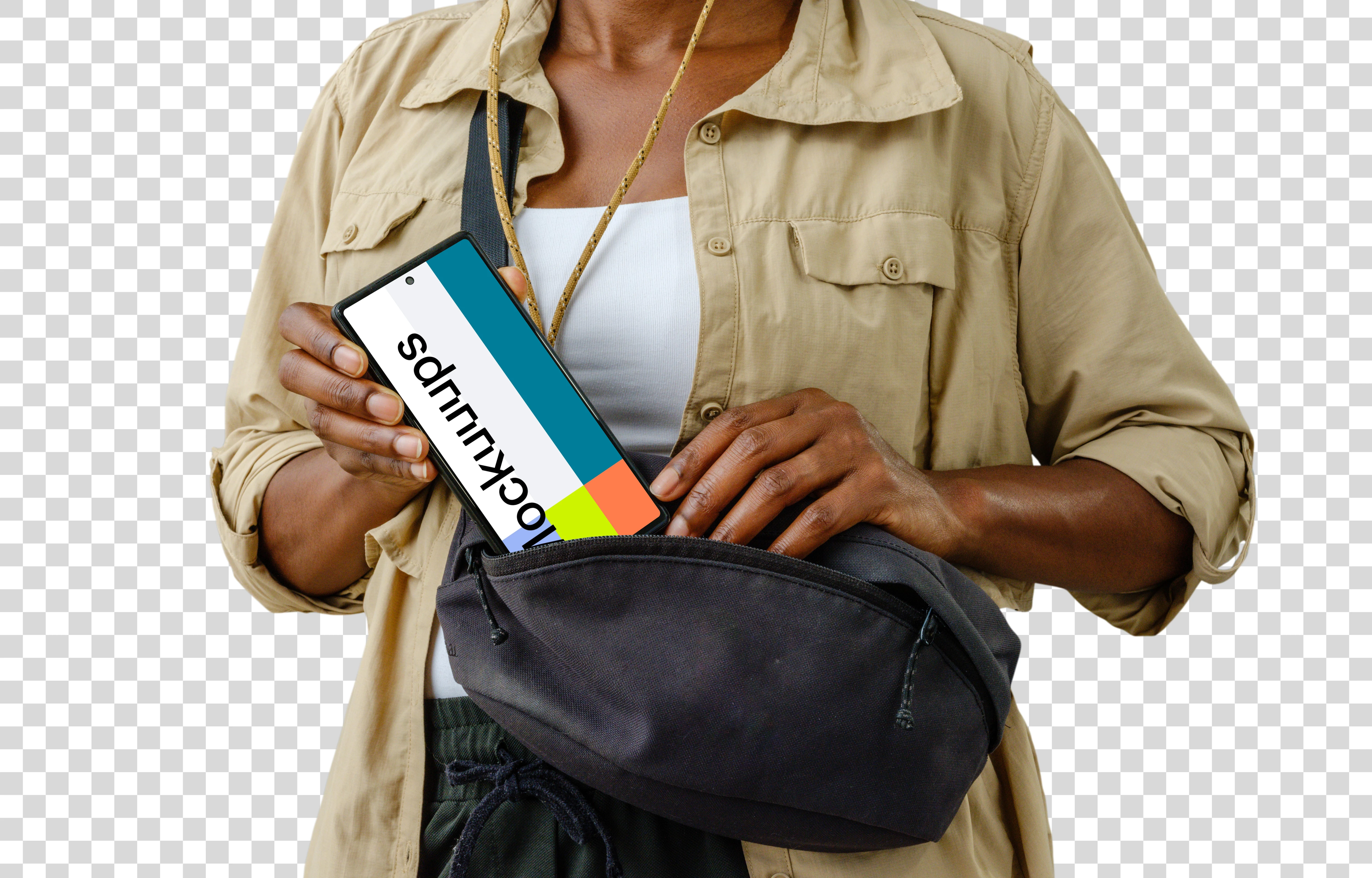 Female tourist with a Google Pixel 6 mockup in her bag