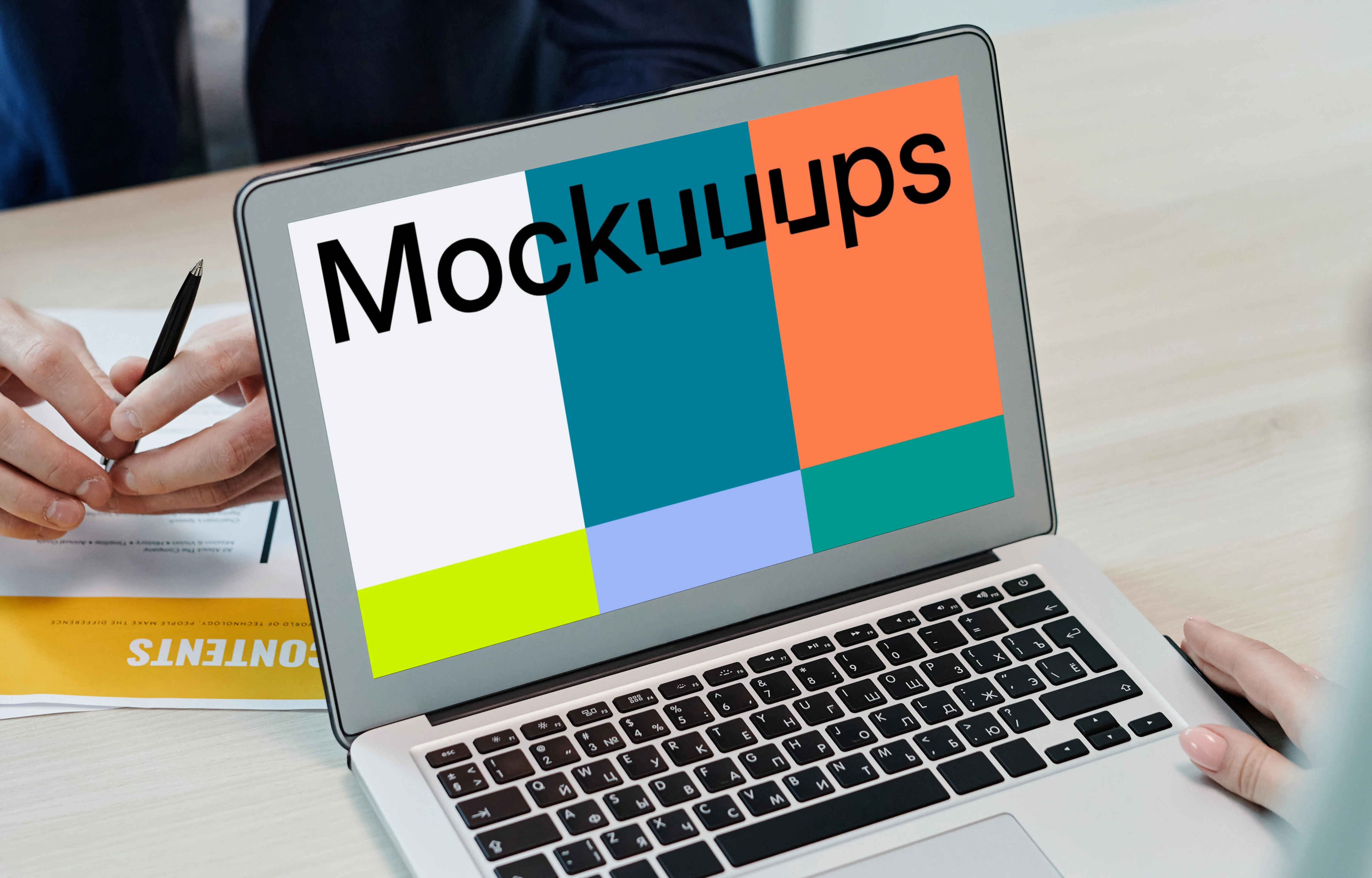 MacBook Air mockup on a wooden table