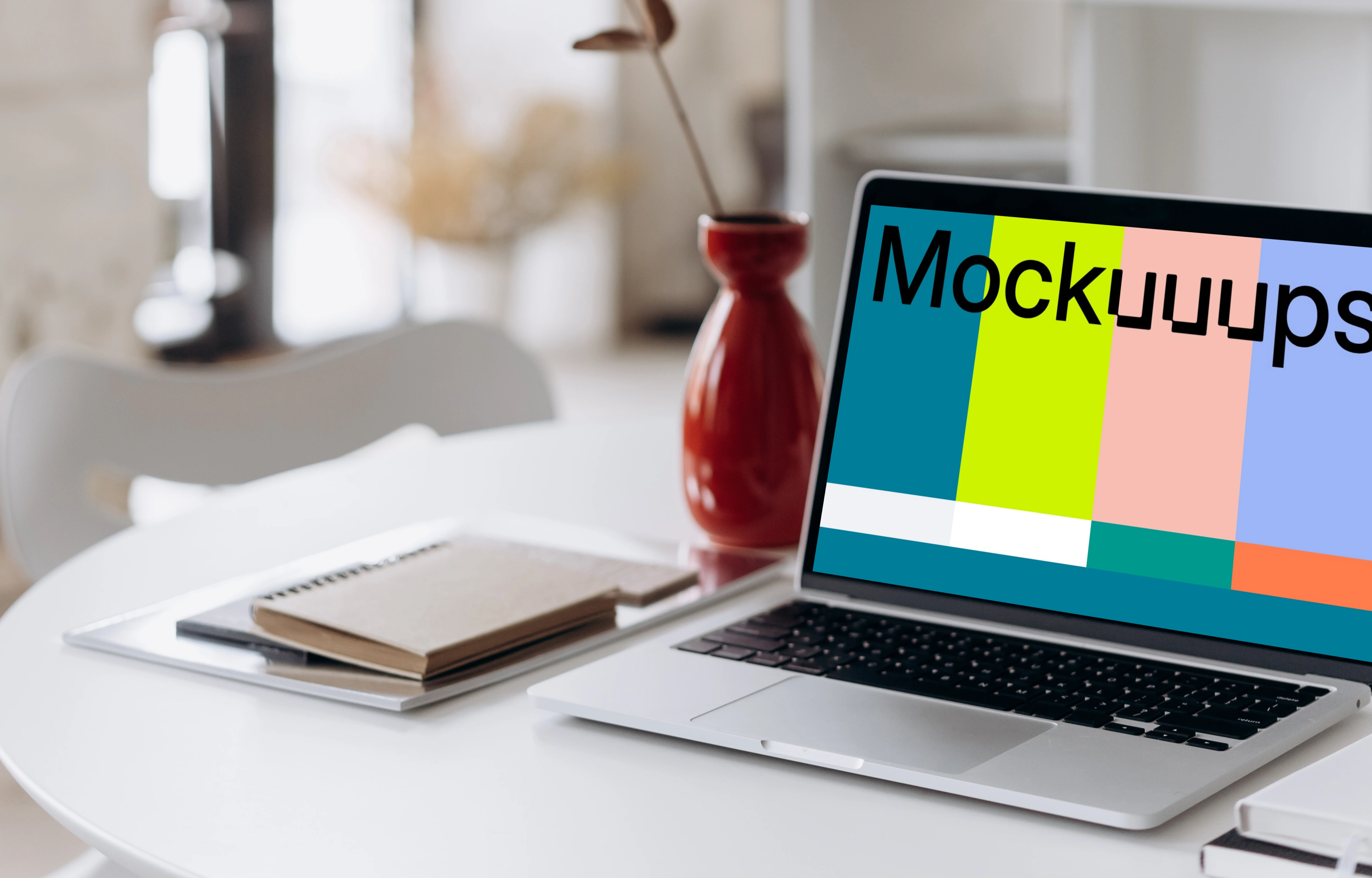 MacBook Pro mockup beside a tall red vase