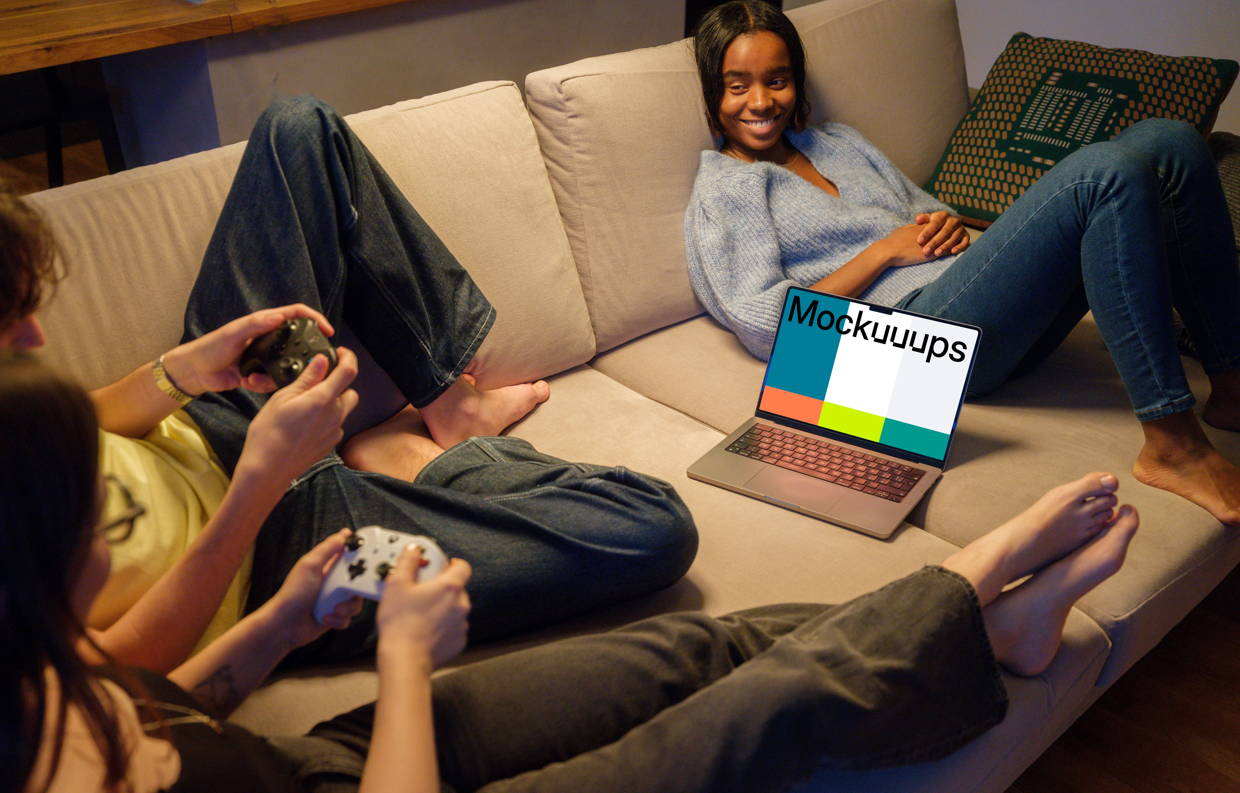 MacBook Pro mockup in cozy gaming session