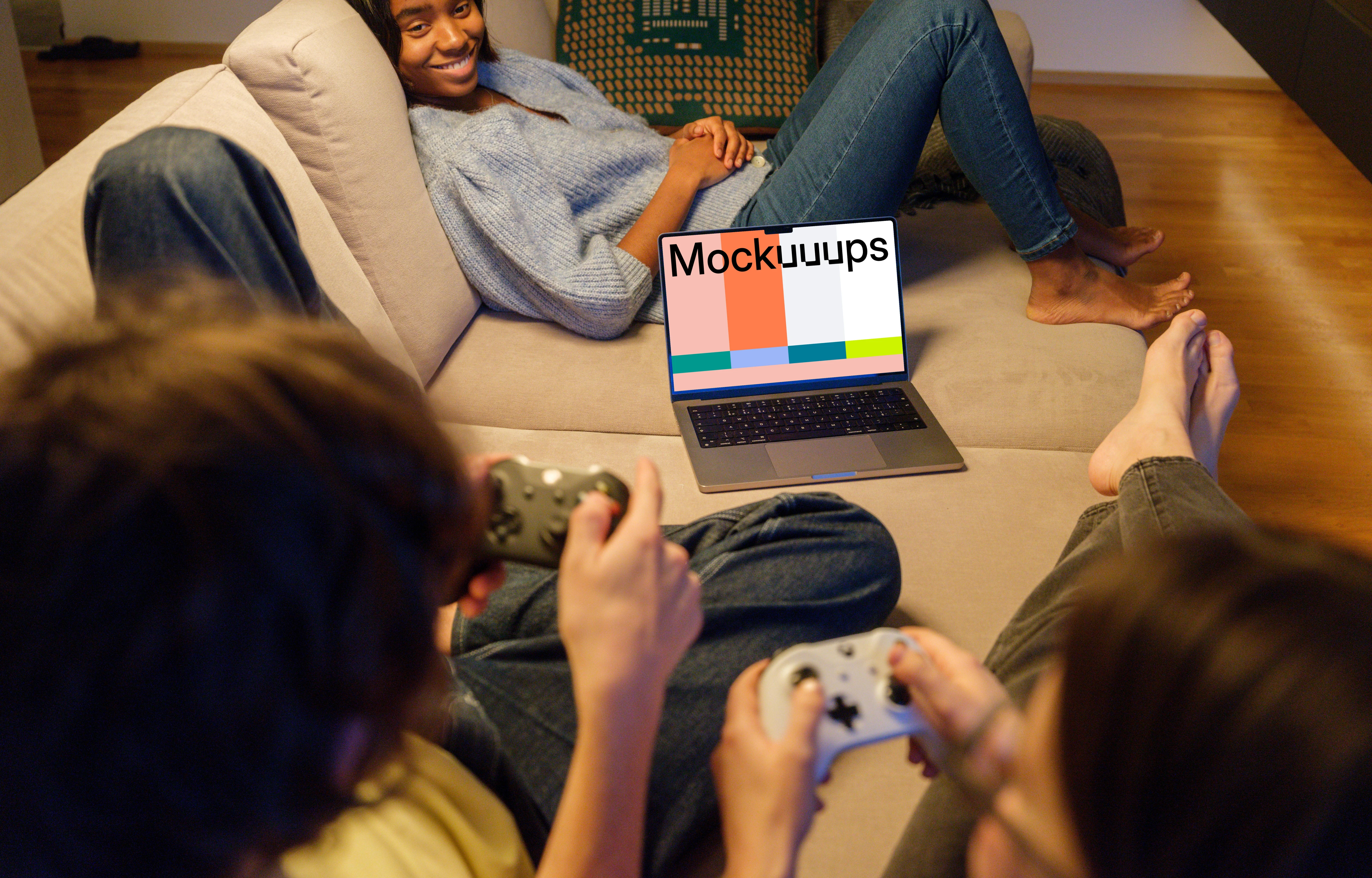 MacBook Pro mockup in cozy gaming setup