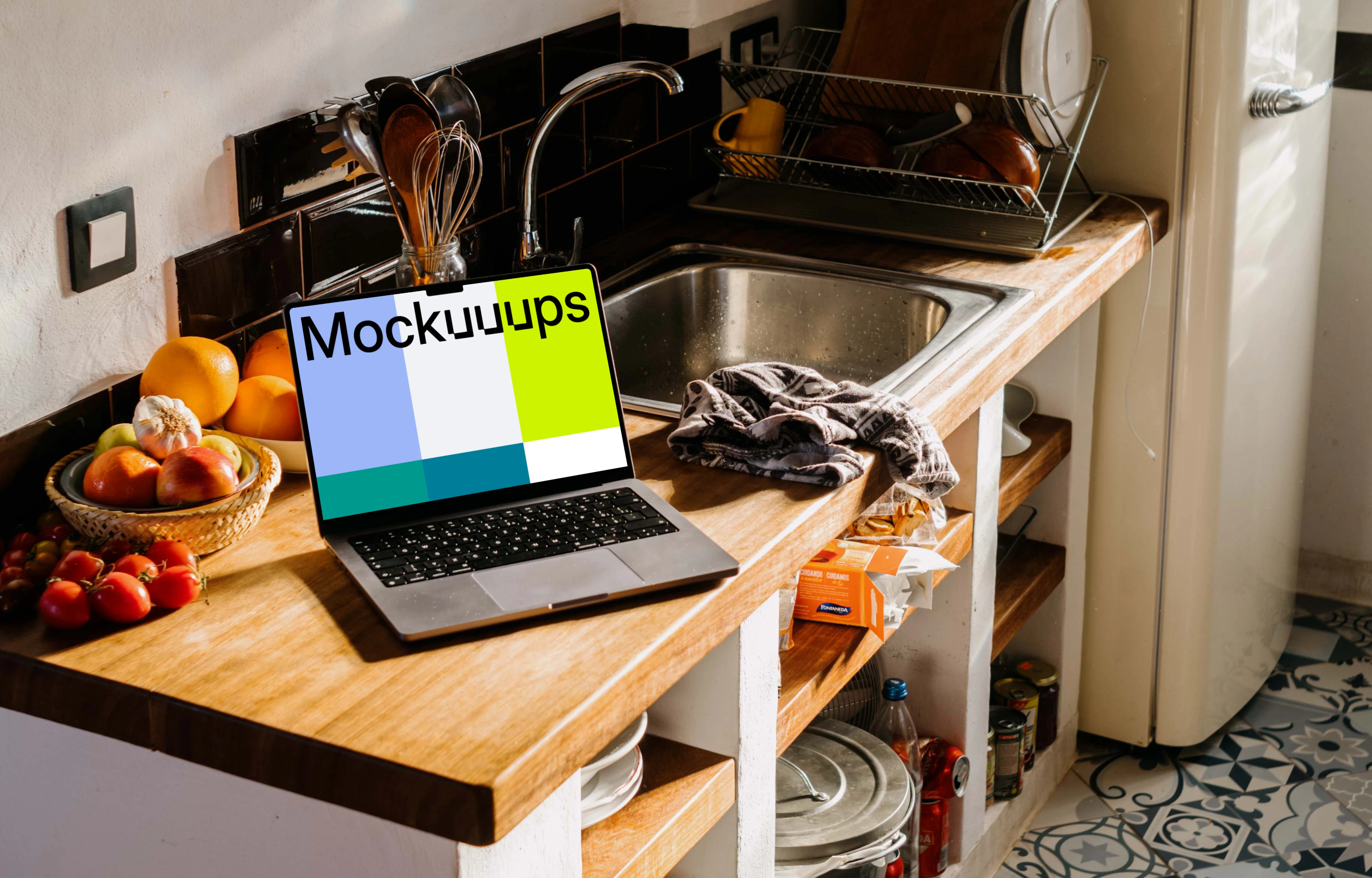 MacBook Pro mockup on a kitchen counter