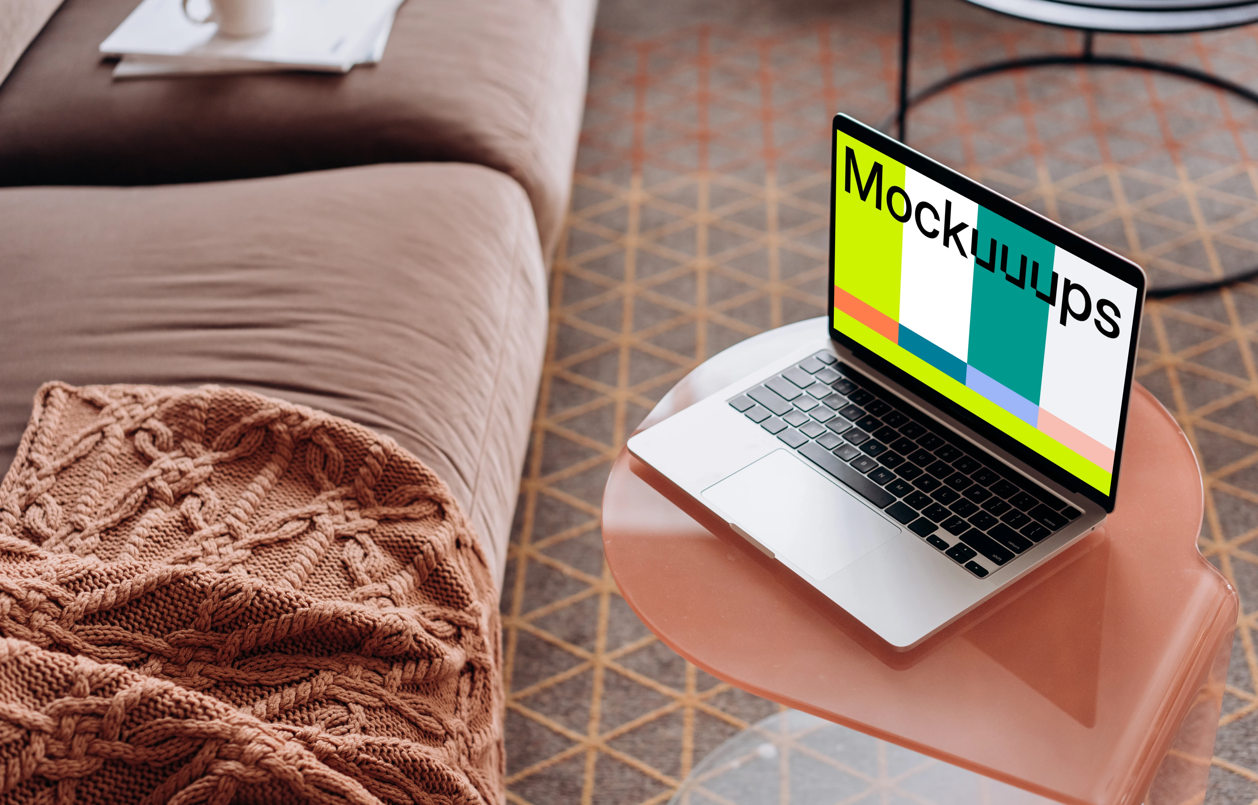 MacBook Pro mockup on a red stool