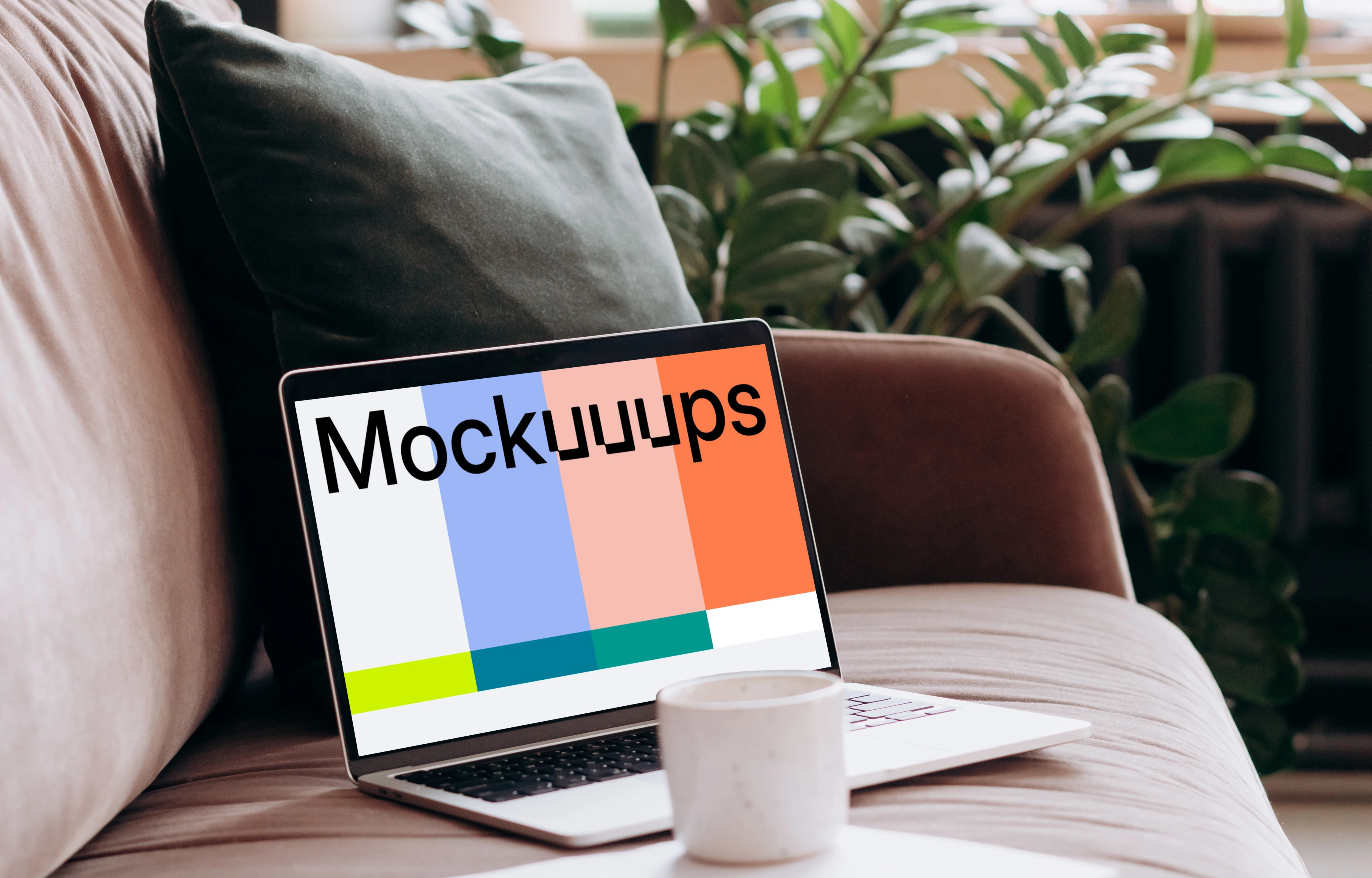 MacBook Pro mockup on a sofa with coffee and documents