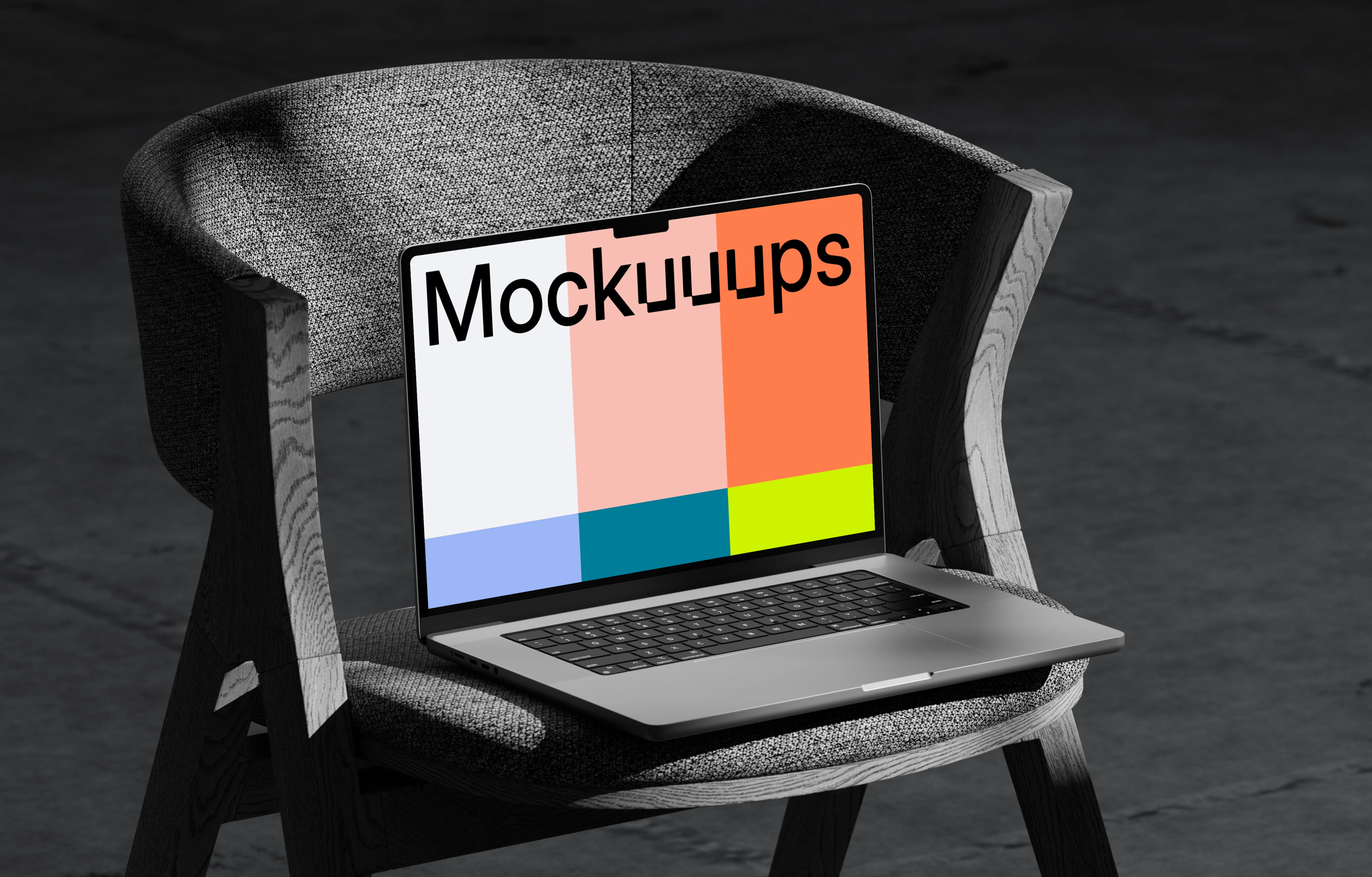 MacBook Pro mockup on a textured chair with dramatic shadows