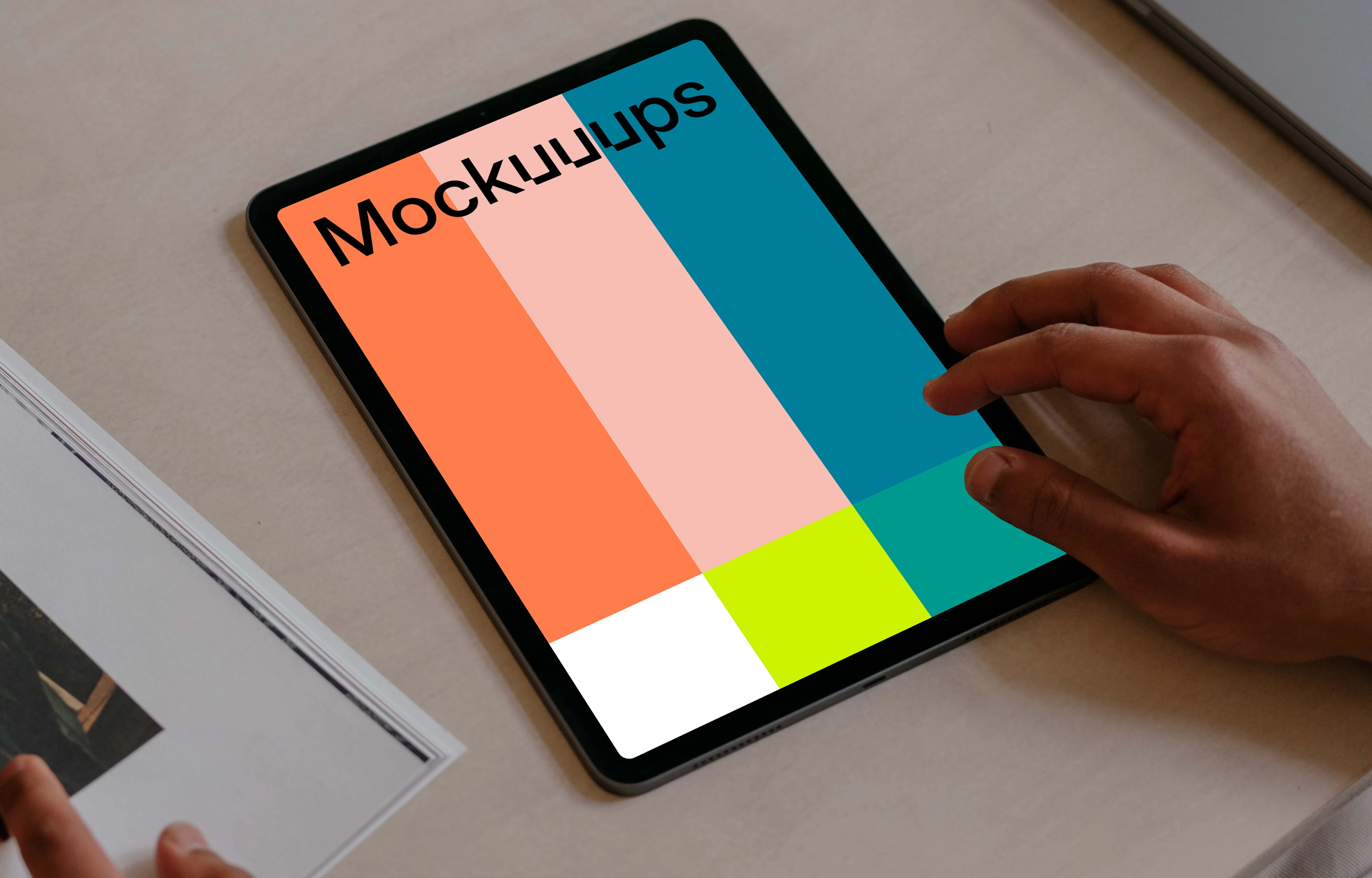 Male hand pointing on tablet mockup