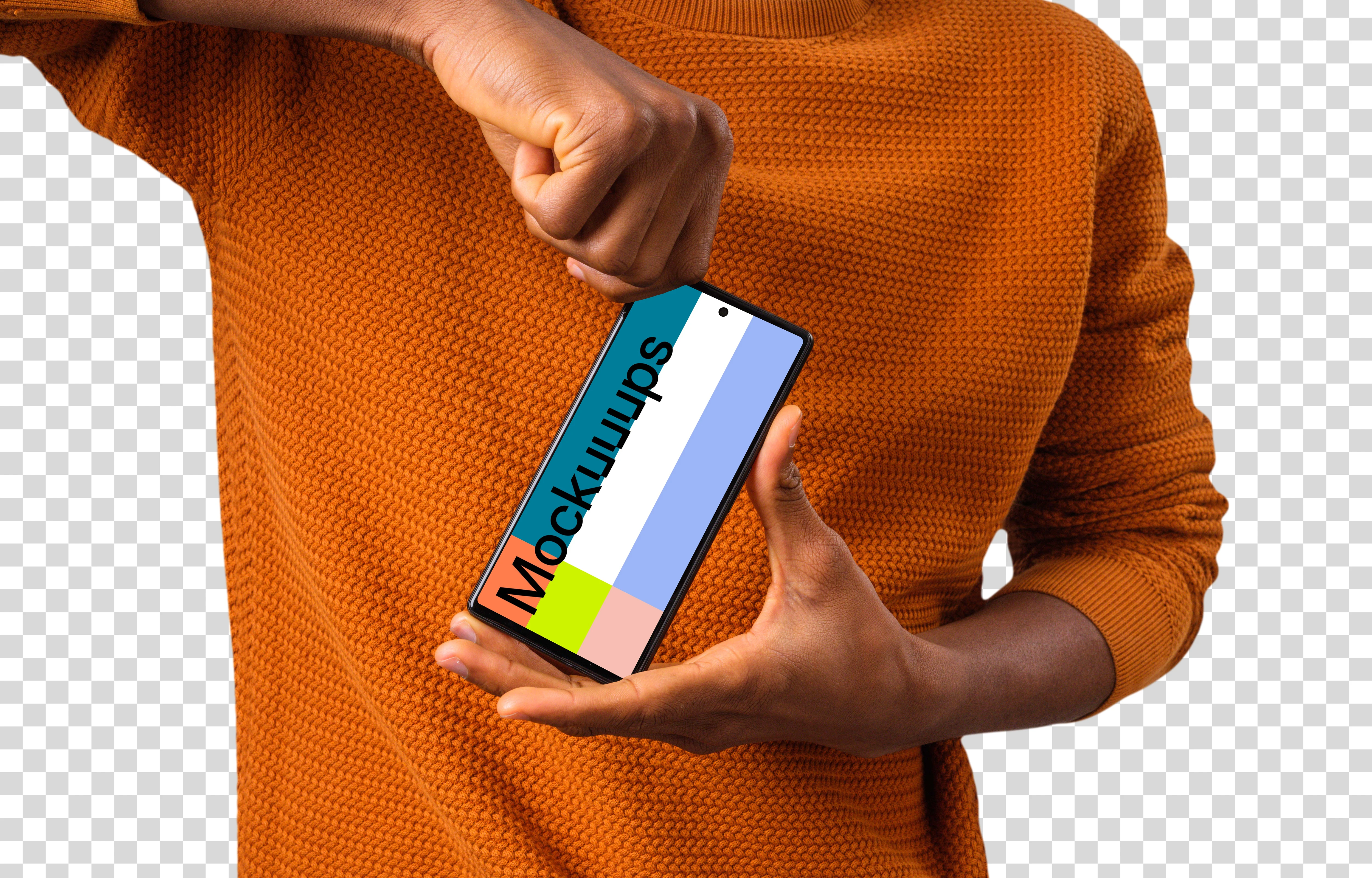 Man holding Google Pixel mockup from the top